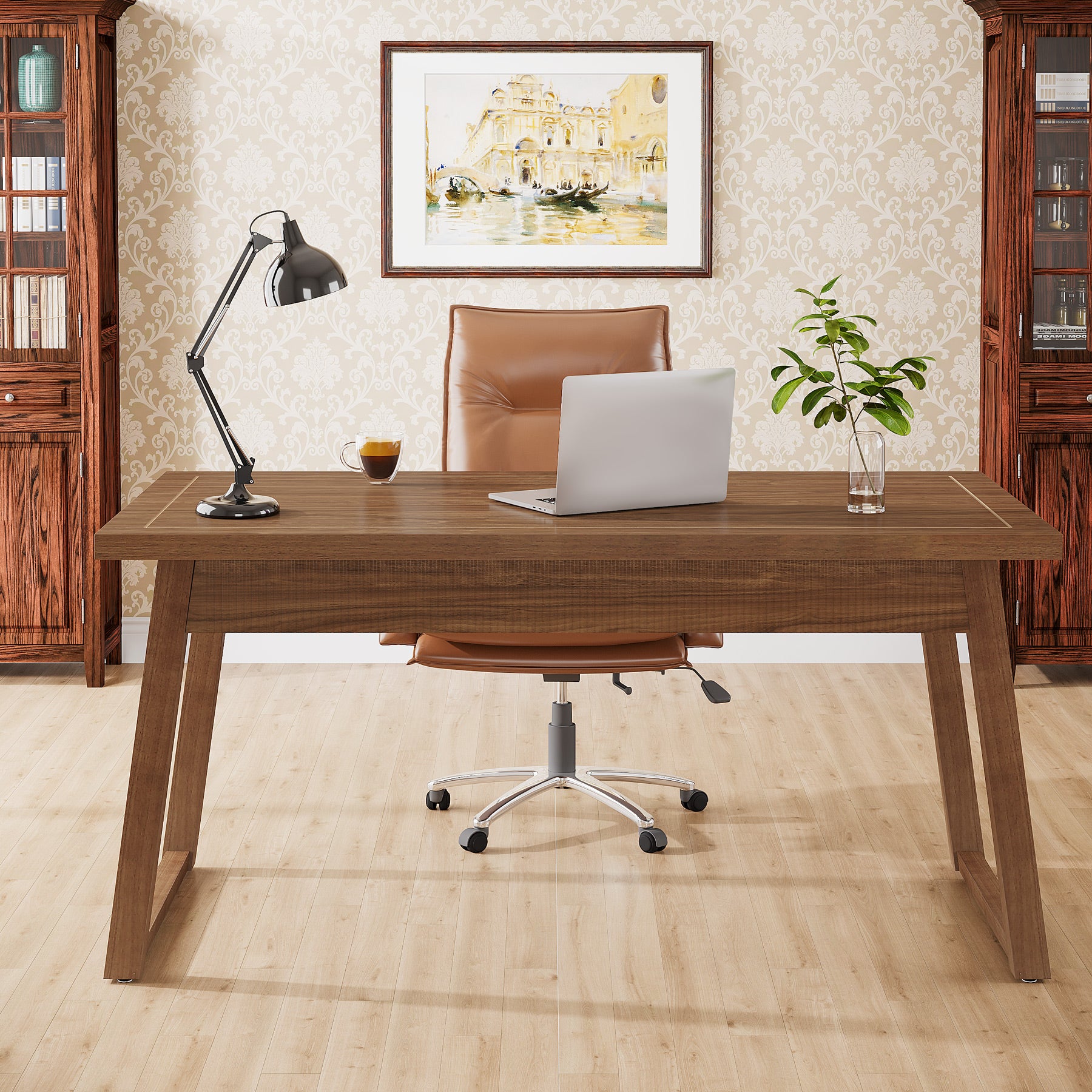 55" Computer Desk, Mid-Century Modern Study Writing Table with Drawer