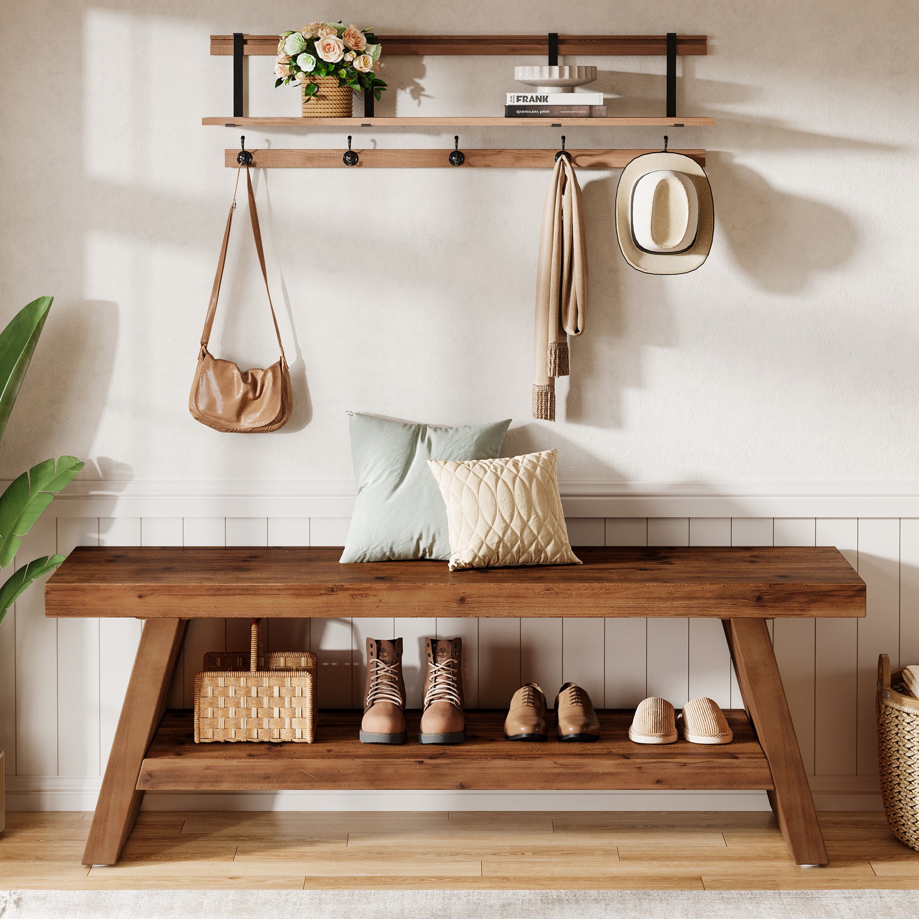 Solid Wood Shoe Bench, 2-Tier Entryway Bench with Open Shelves