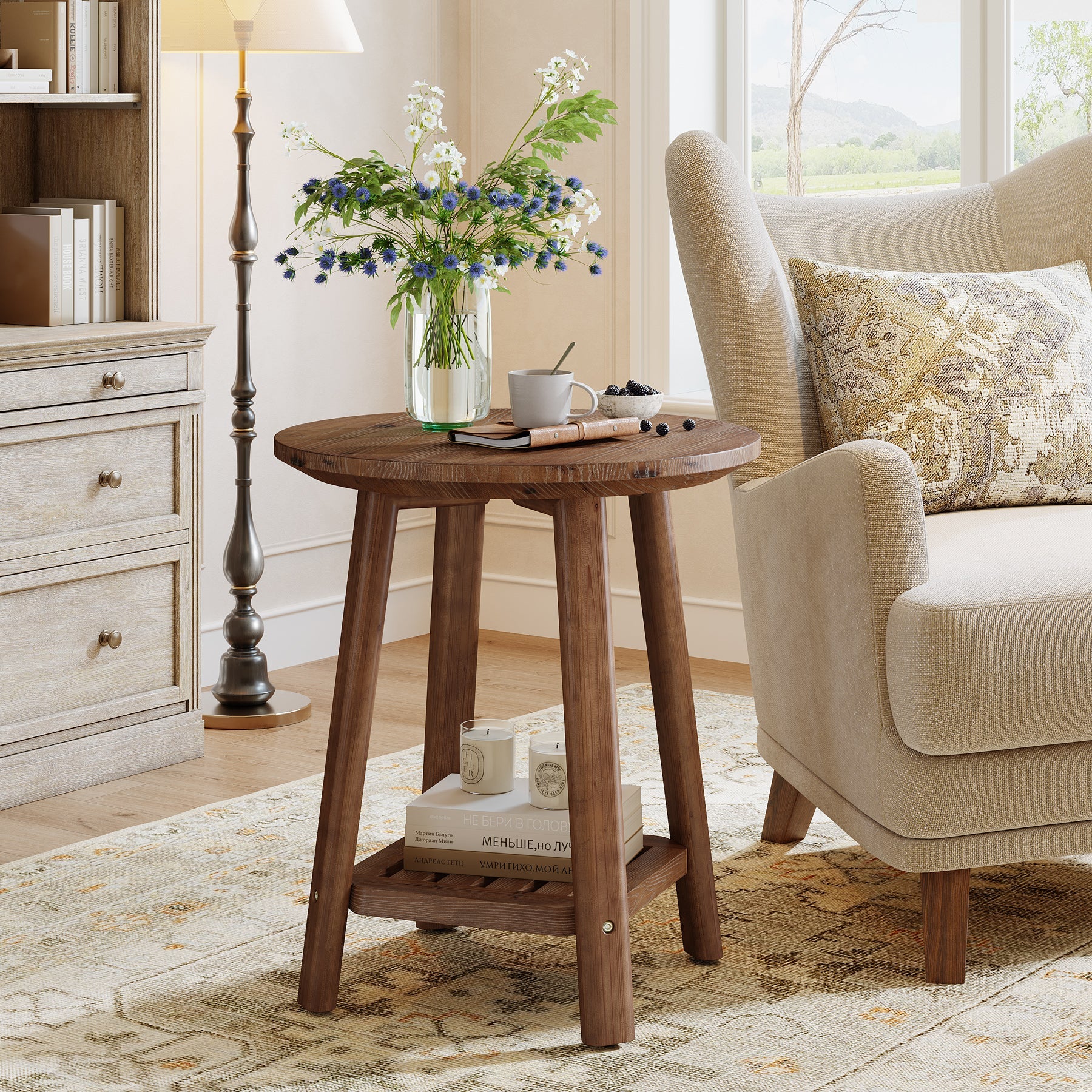 19.69" Round Solid Wood End Table, 2-Tier Farmhouse Side Table with Storage Shelf