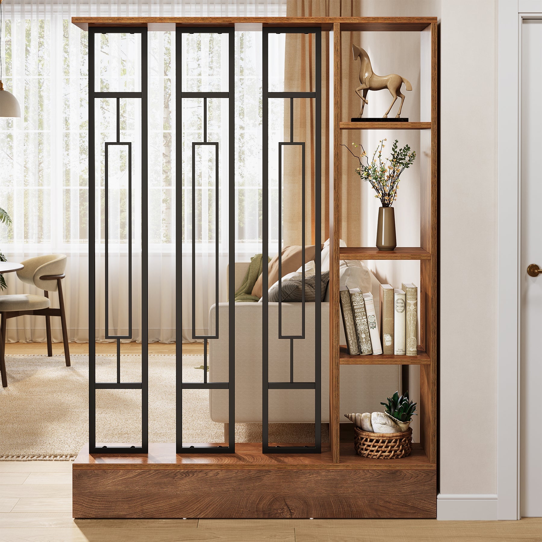 70.9" Wall Room Divider, Freestanding Wall Partition with Display Shelves