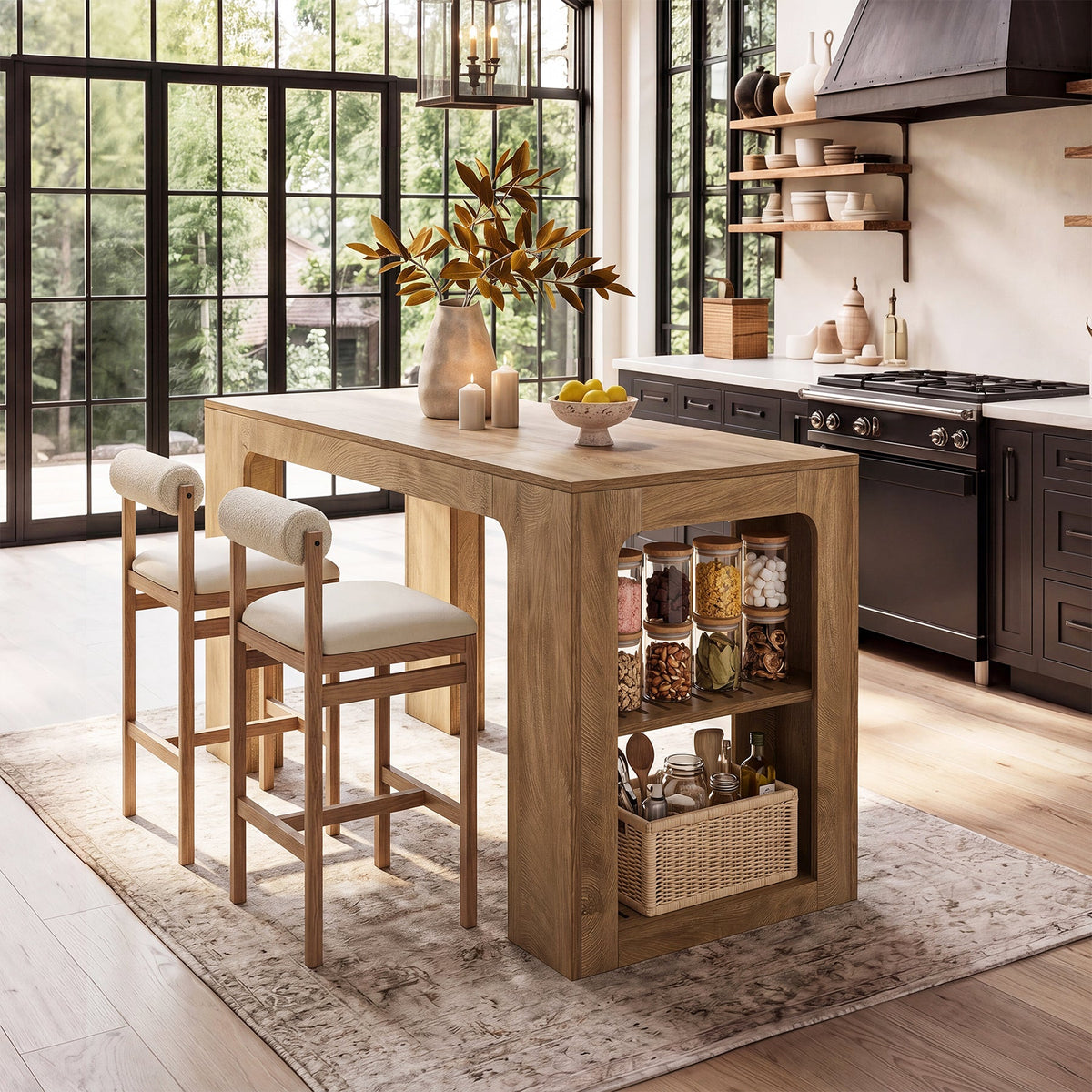 63" Long Kitchen Island, Counter Height Stationary Island Stand with Spacious Legroom