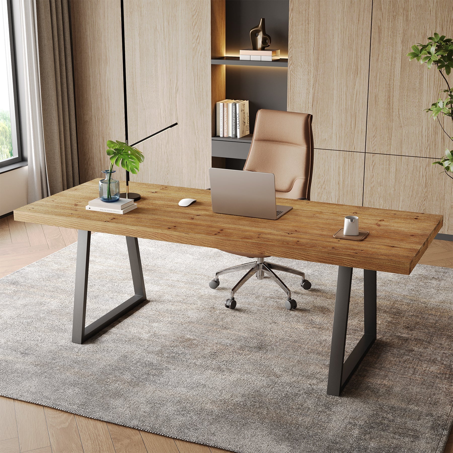 63" Solid Wood Executive Desk, Industrial Computer Laptop Desk Study Writing Table