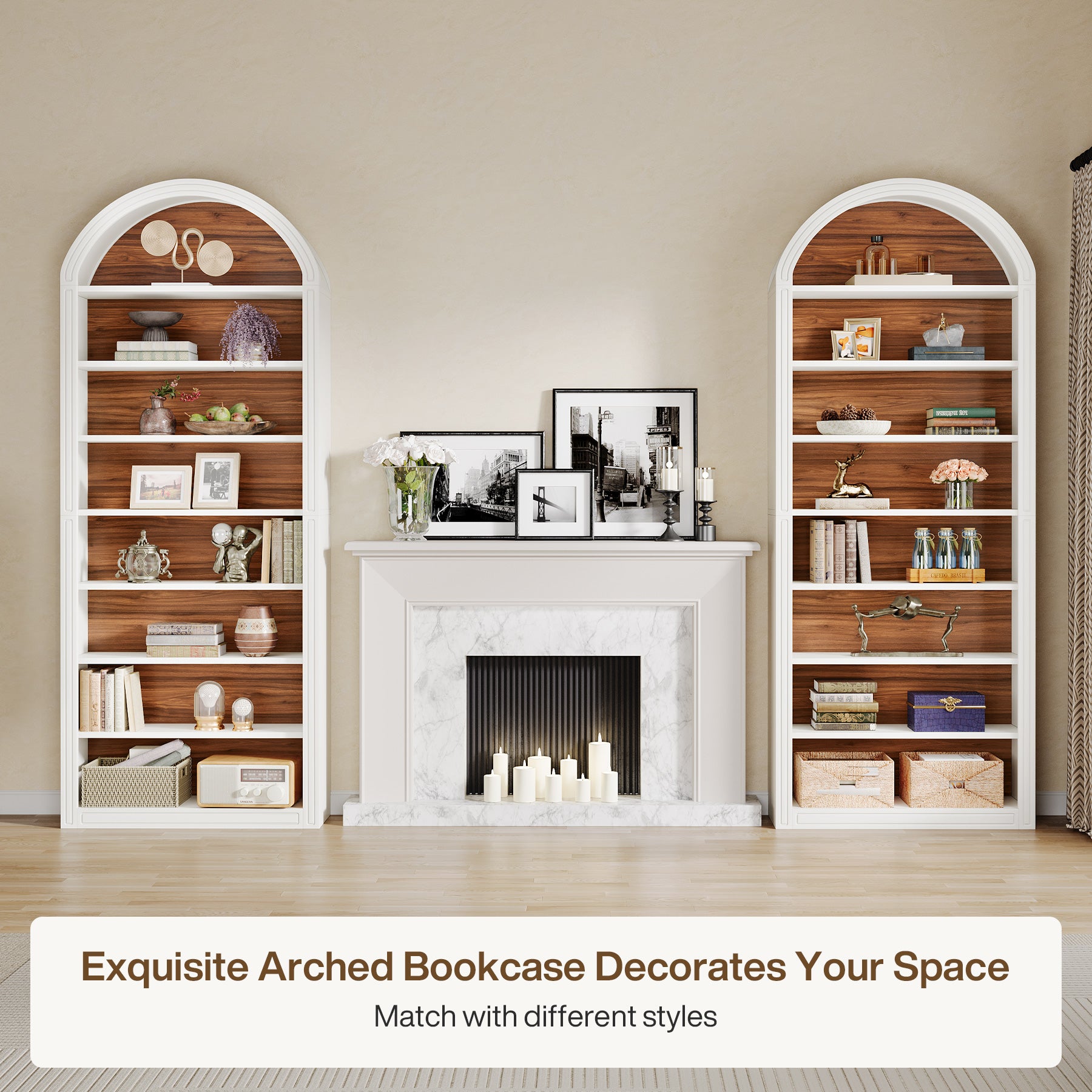 6-Tier / 8-Tier Bookshelf, Wooden Arched Bookcase Display Shelving Unit