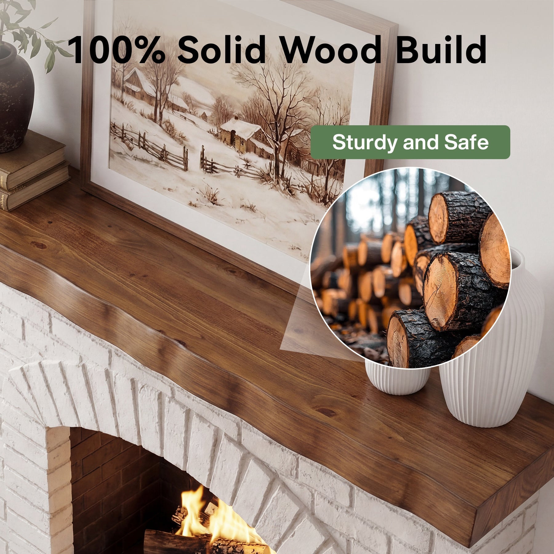 63" Solid Wood Fireplace Mantel, Floating Mantel Shelf with Live Edge for Living Room