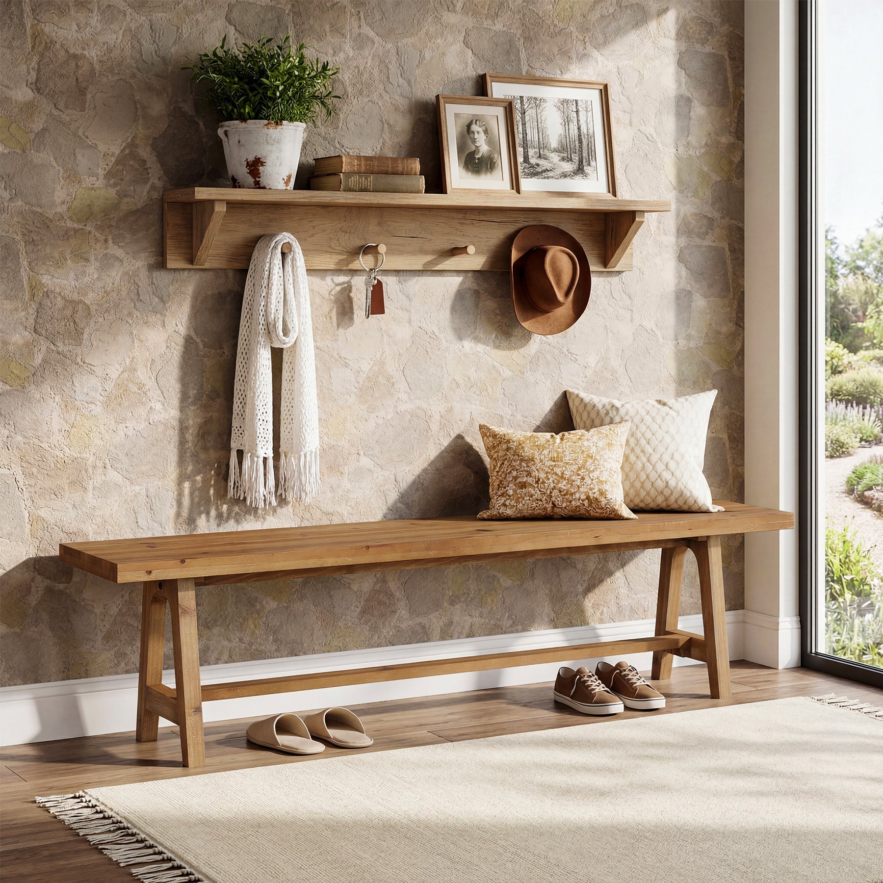 63" Solid Wood Entryway Bench,, Narrow Shoe Bench for Hallway, Mudroom