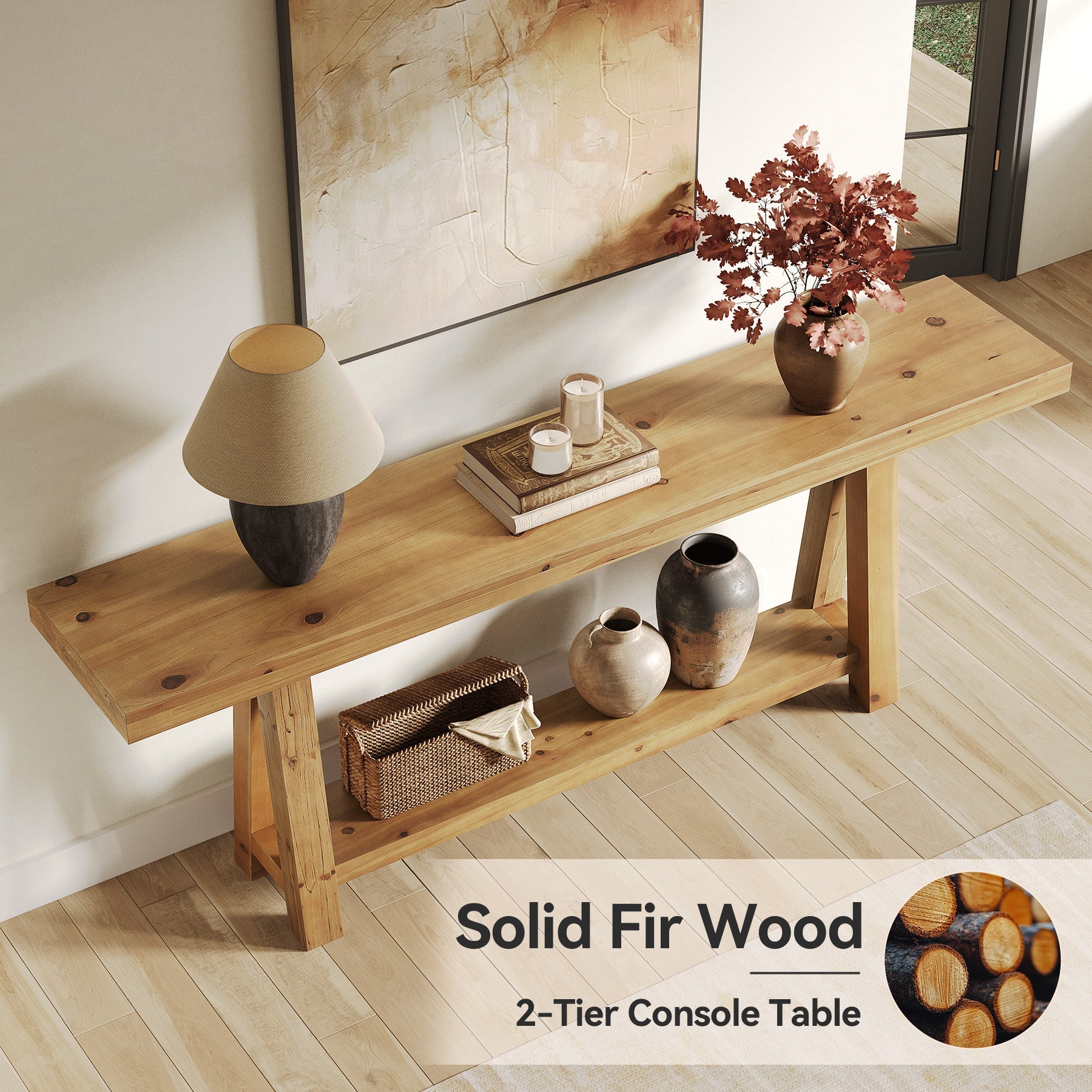 Solid Wood Console Table, 70.87" Sofa Table with Shelves for Entryway