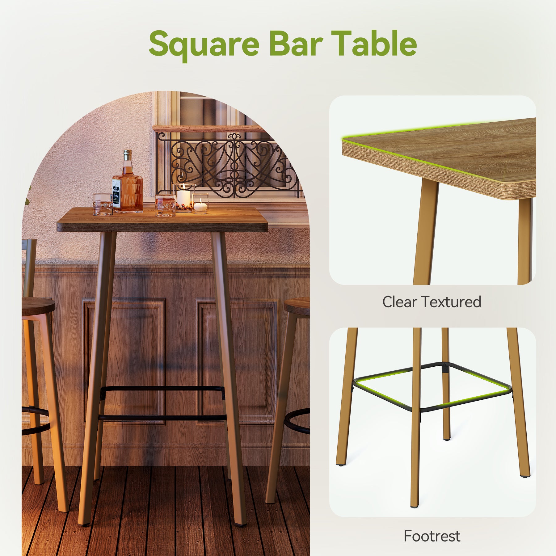 Square Bar Table and Chair Set, 39.4" H Bistro Pub Table with 2 Chairs