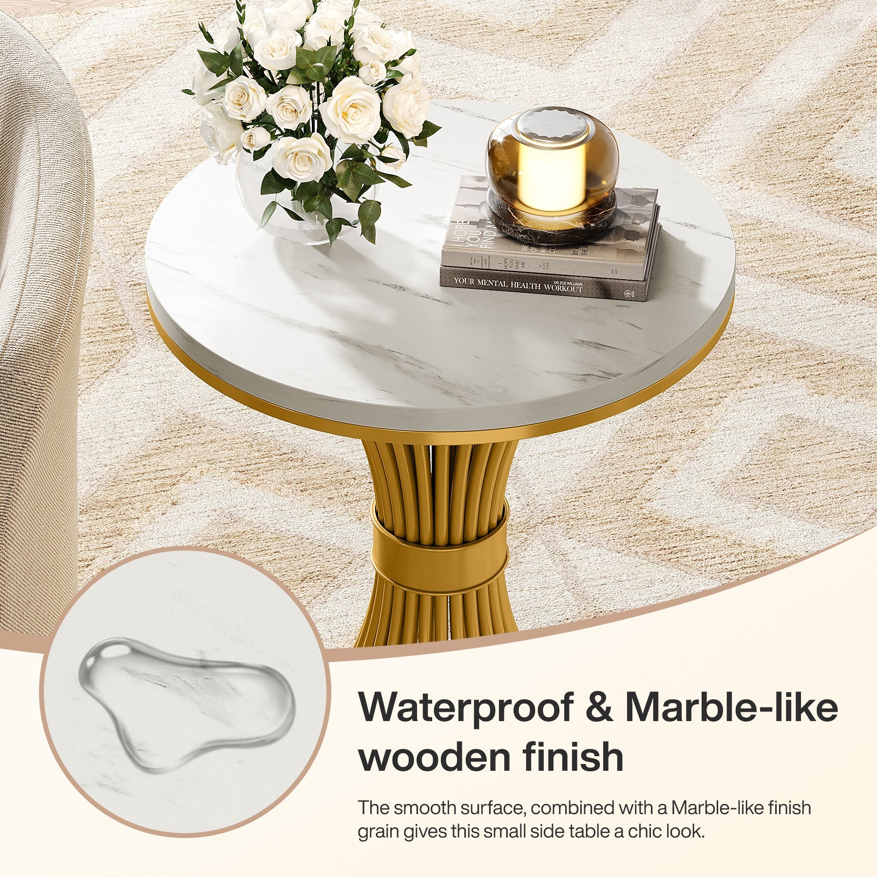 19.69" Round End Table, Faux Marble Side Table with Gold Metal Base