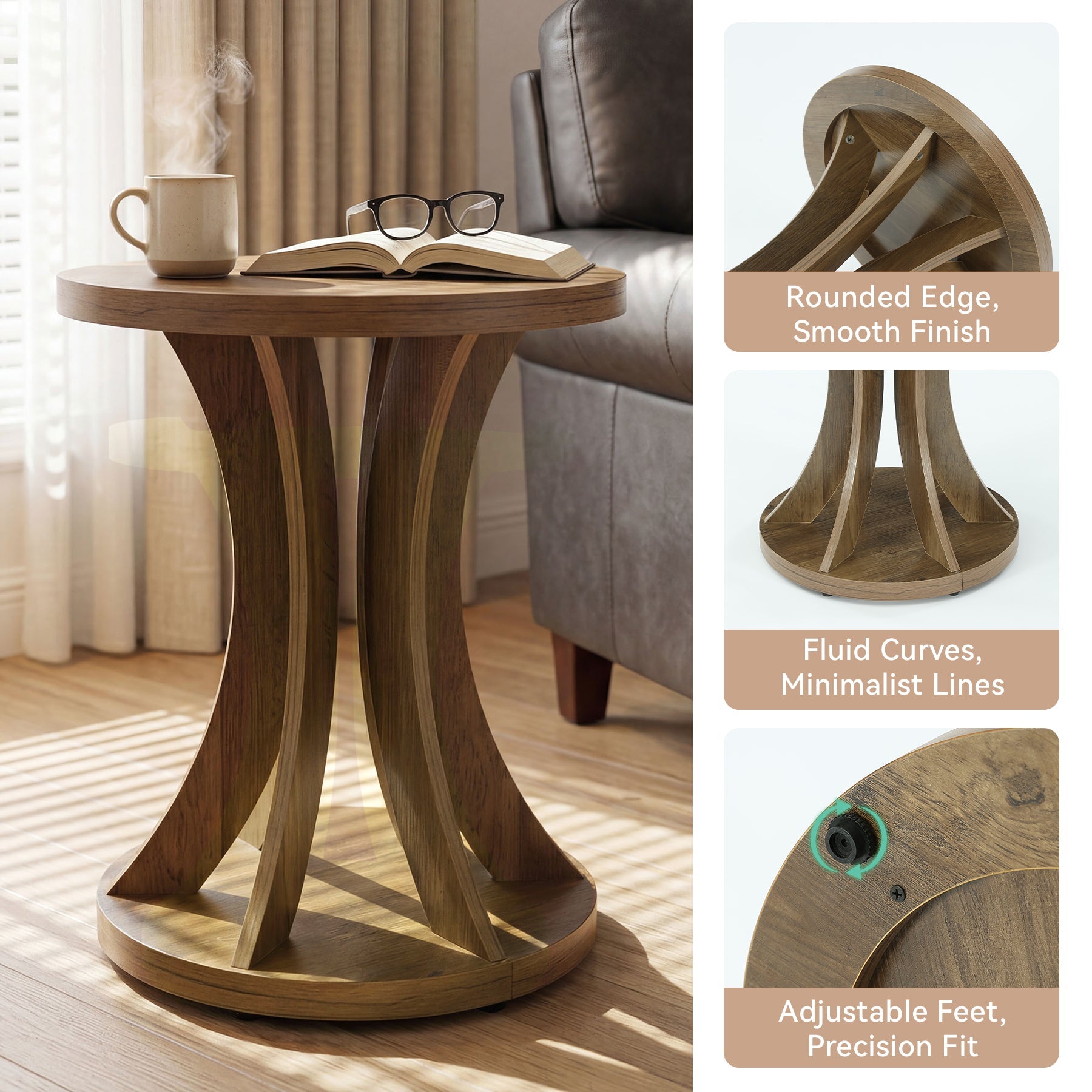 17.71" Round Side Table, Farmhouse Curved End Table for Small Spaces