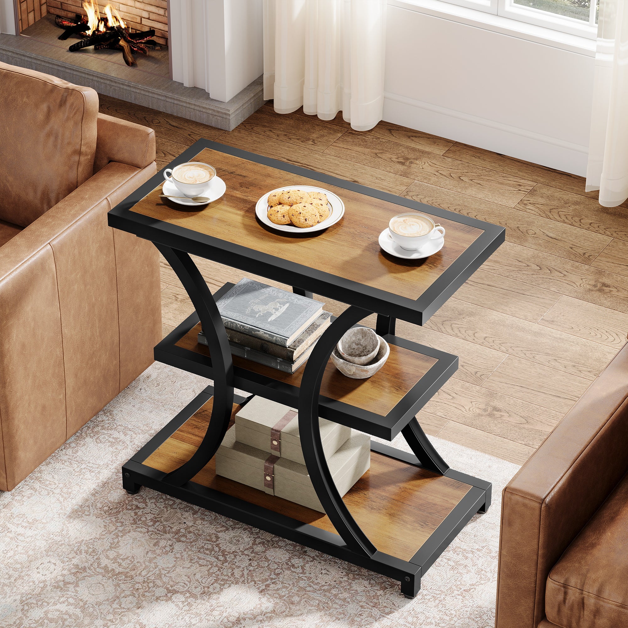 3-Tier End Table, Industrial Side Table with Geometric Metal Design