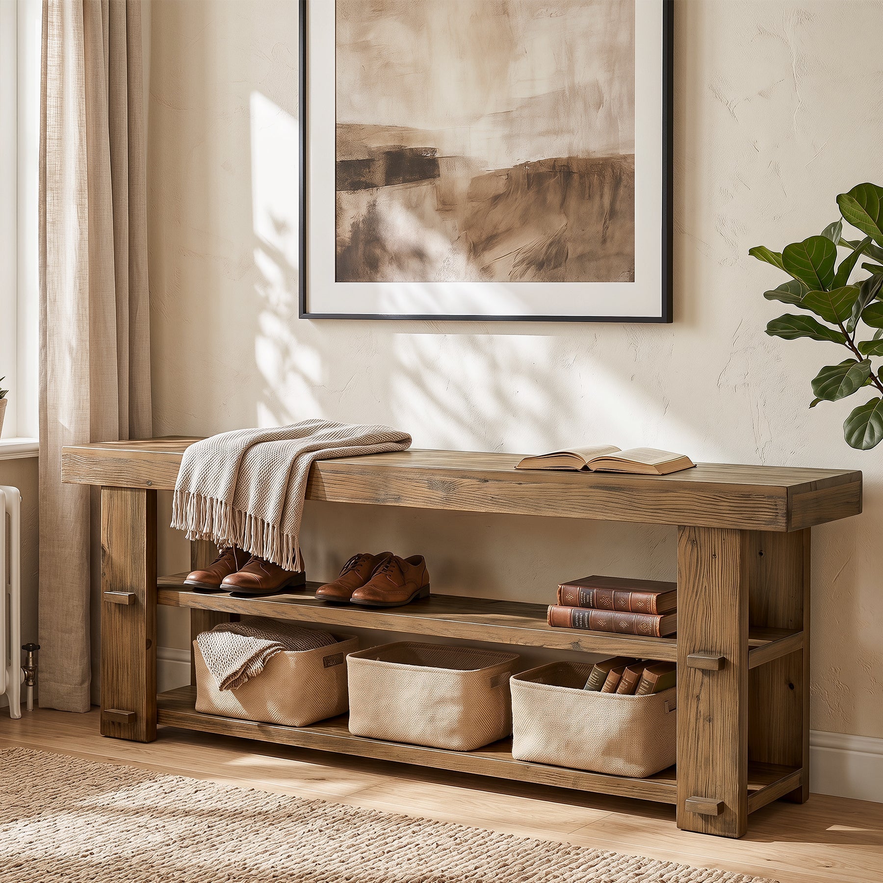 55" Solid Wood Entryway Bench, 2-Tier Shoe Storage Bench for Entryway