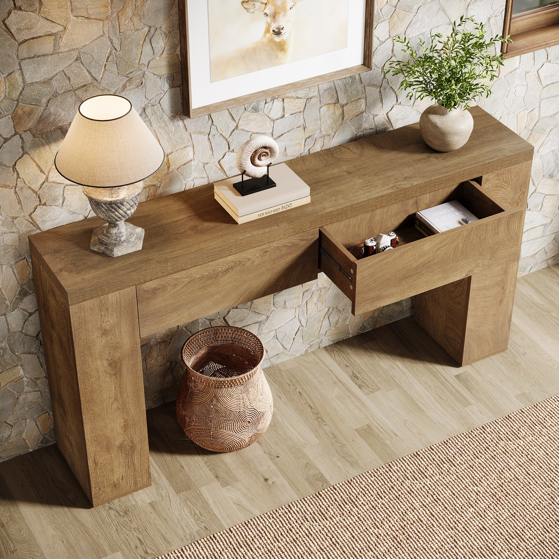 63" Console Table, Rustic Sofa Hallway Table with Drawers