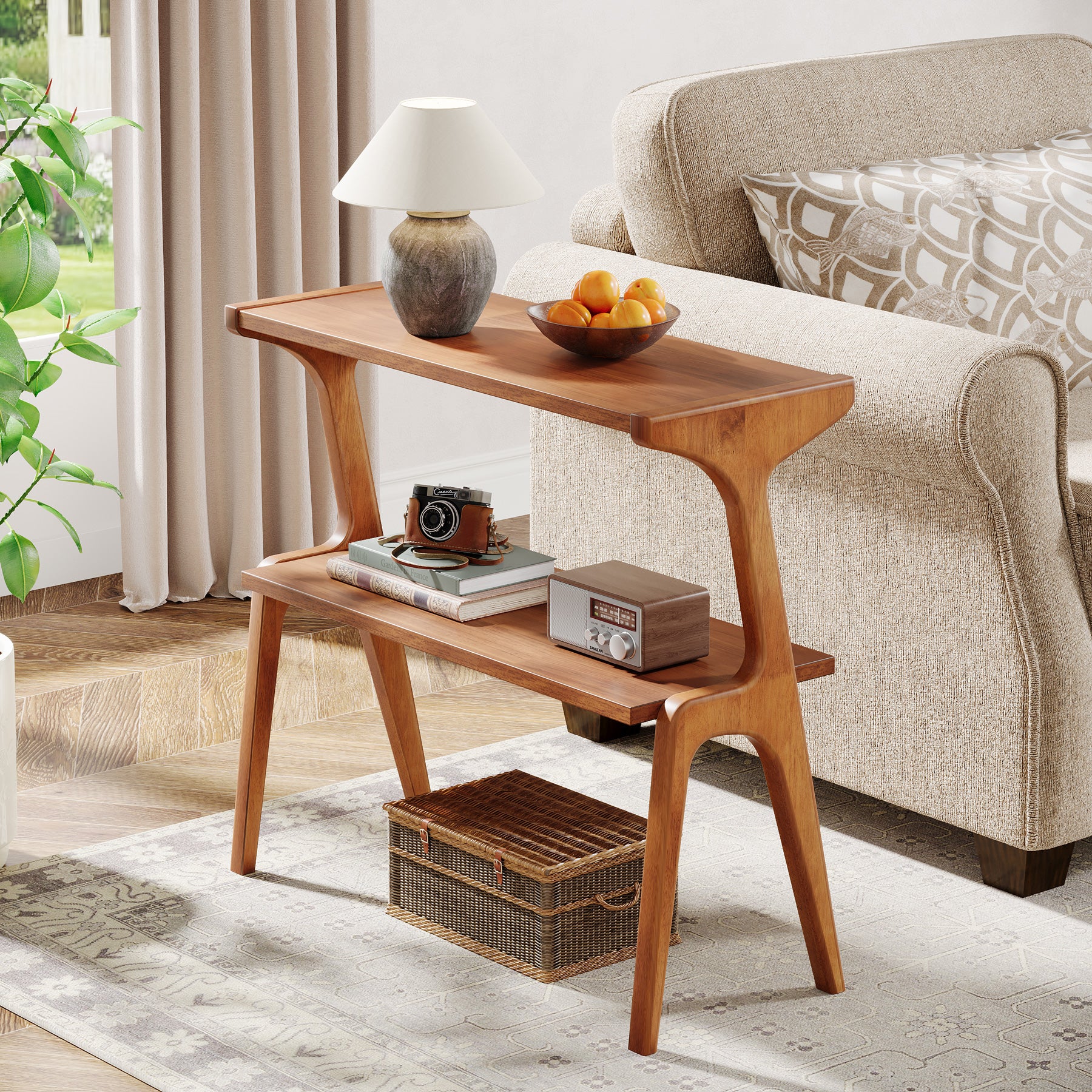 2-Tier End Table, Slim Sofa Side Table with Storage Shelf