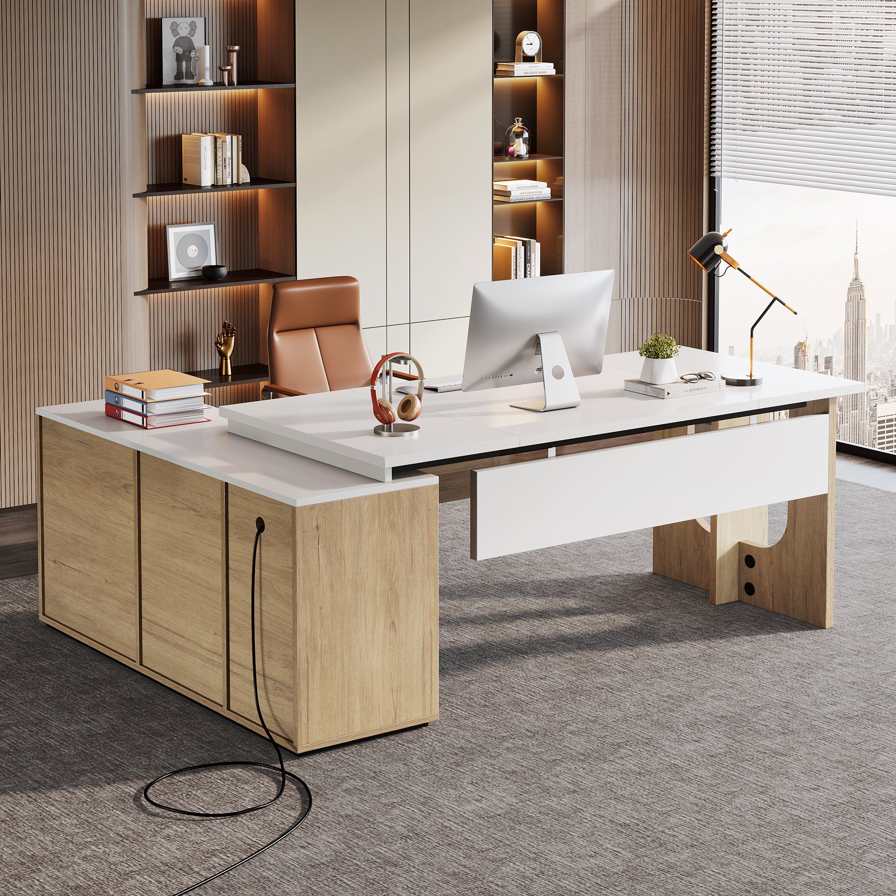 L-Shaped Executive Desk, 74.8" Computer Desk with Cabinet