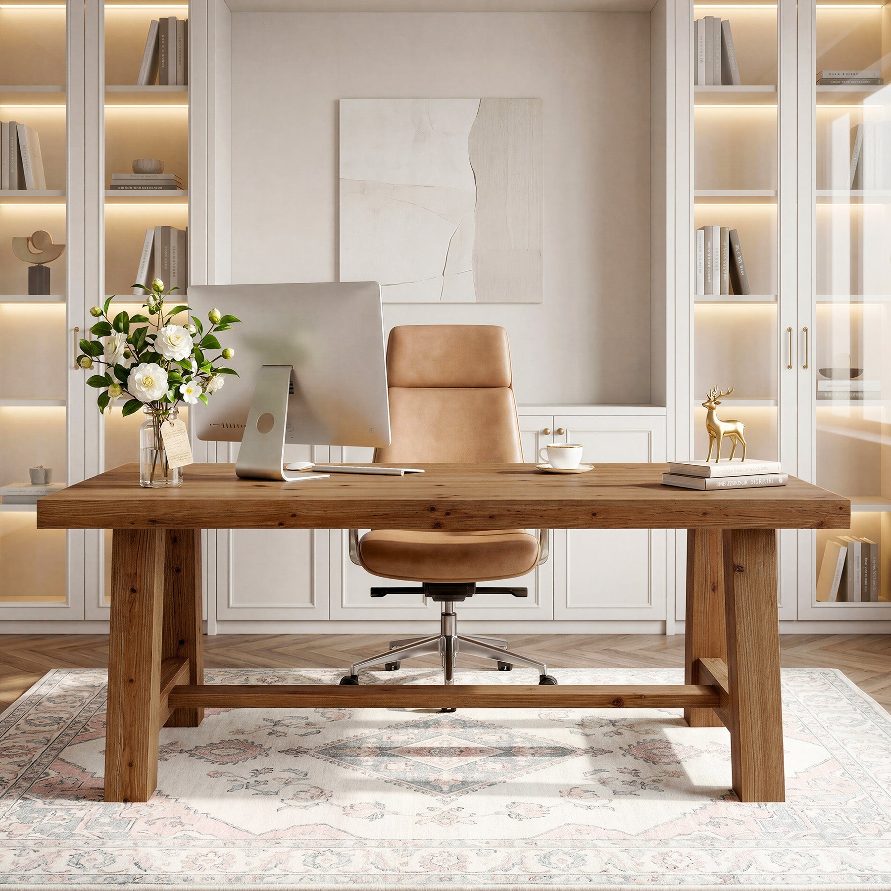 63" Farmhouse Computer Desk, Solid Wood Home Office Desk with Thick Tabletop