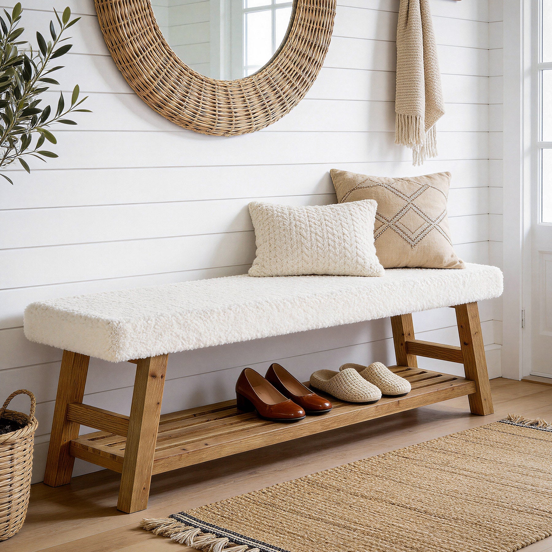 55" Upholstered Entryway Bench, 2-Tier Shoe Bench with Solid Wood Frame