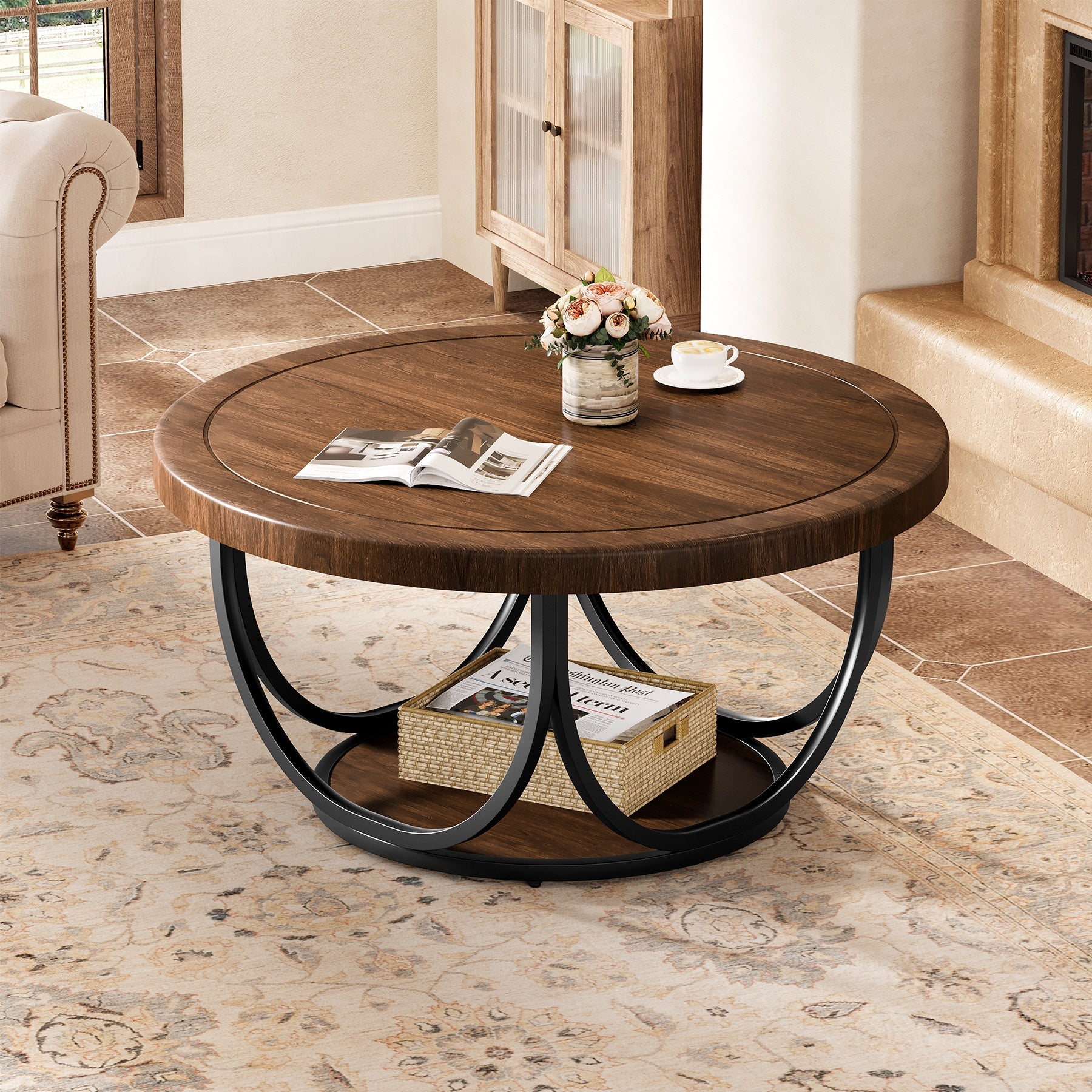 Round Coffee Table, 31.5" Circle Accent Cocktail Table with Storage Shelf