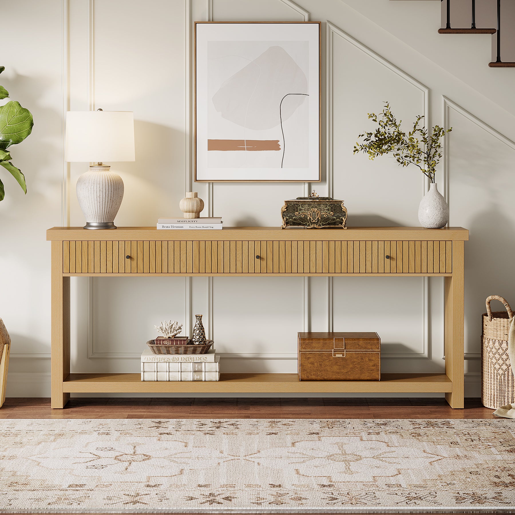 70.9" Console Table, 3-Drawer Entryway Sofa Table with Open Shelves
