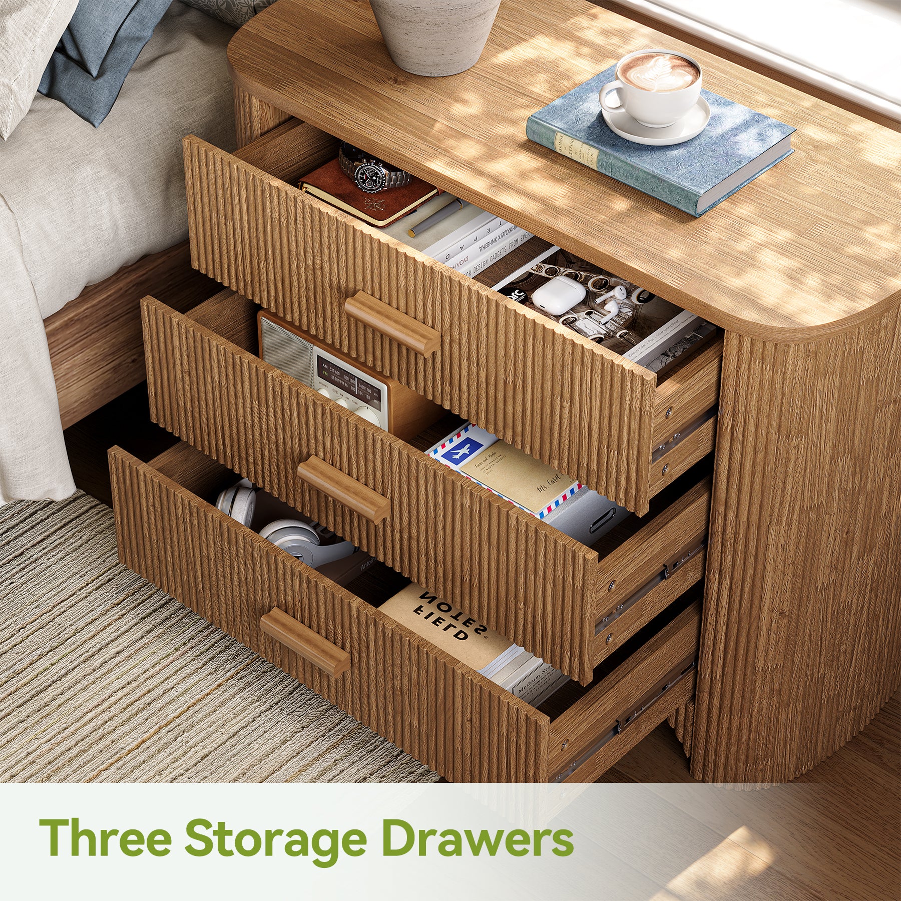 Oversized Nightstand with 3 Drawers, 31.5" Bedside Table for Bedroom