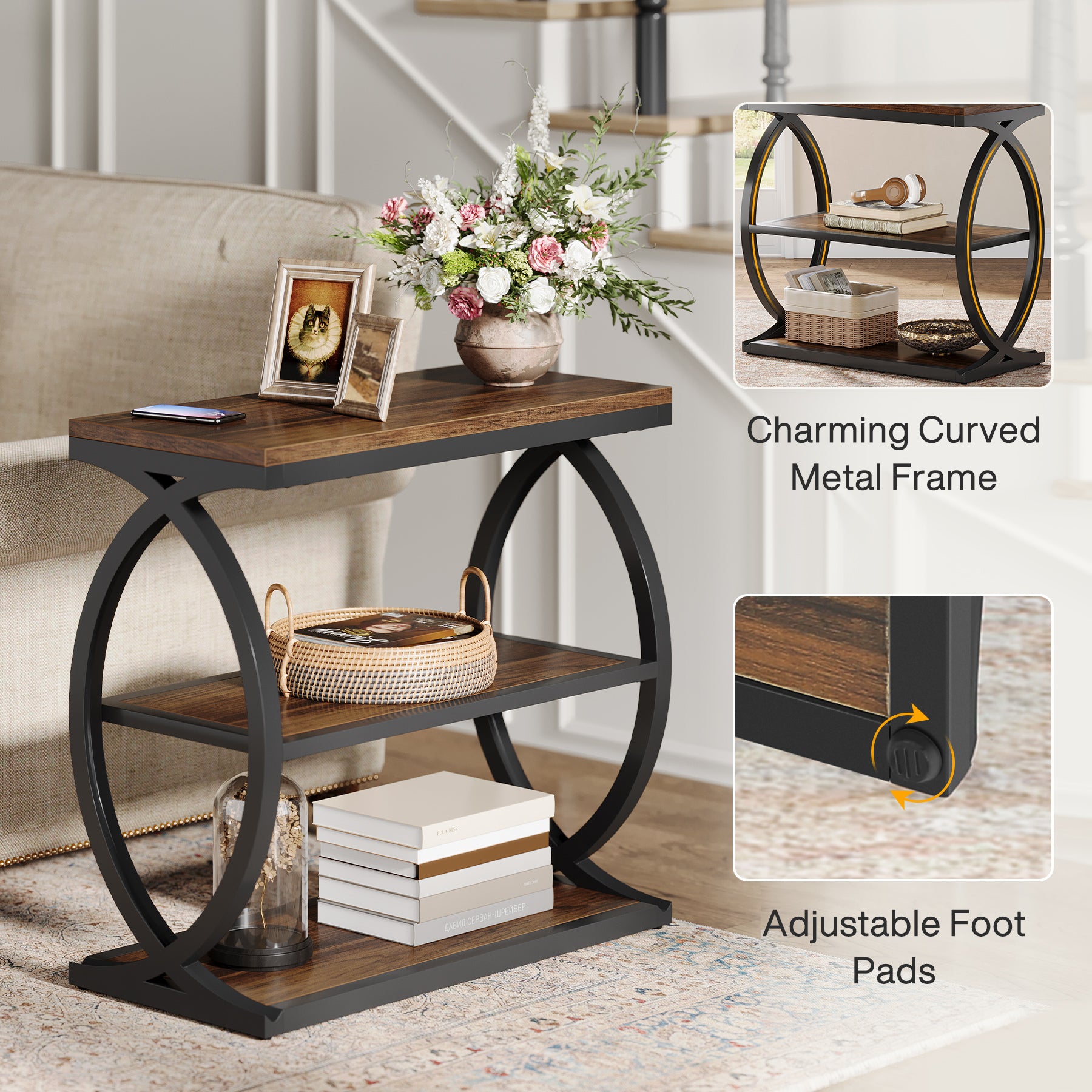 3-Tier End Table, Narrow Side Table Nightstand with Metal Frame