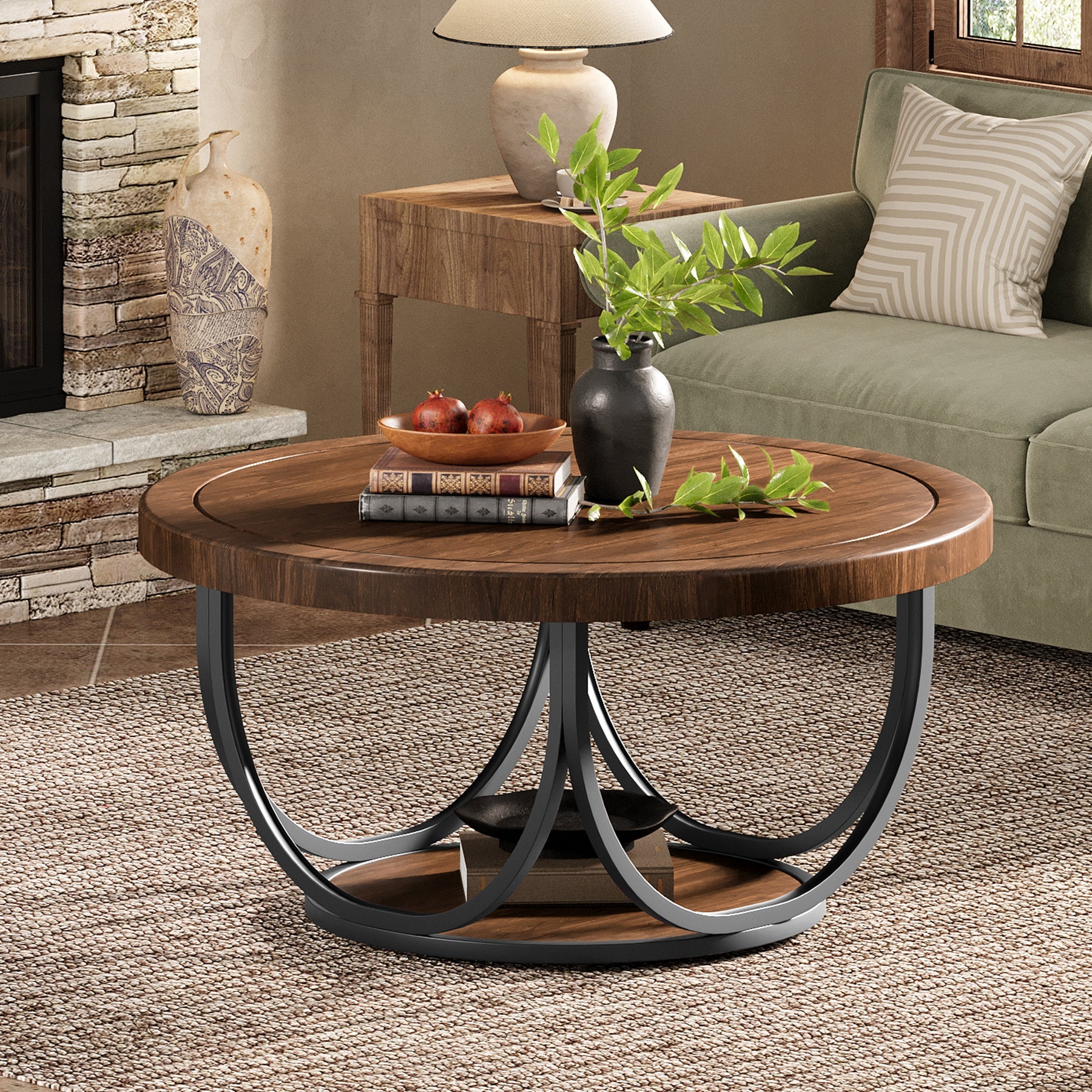 Round Coffee Table, 31.5" Circle Accent Cocktail Table with Storage Shelf