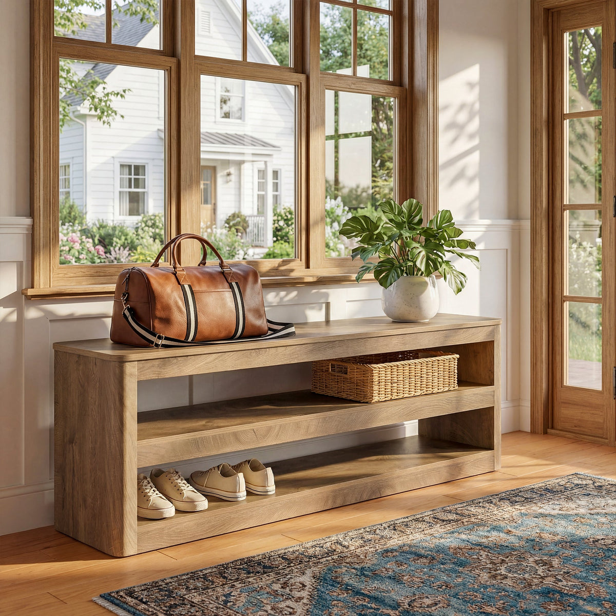 55" Entryway Bench, 3-Tier Shoe Bench End of Bed Seat for Hallway, Bedroom