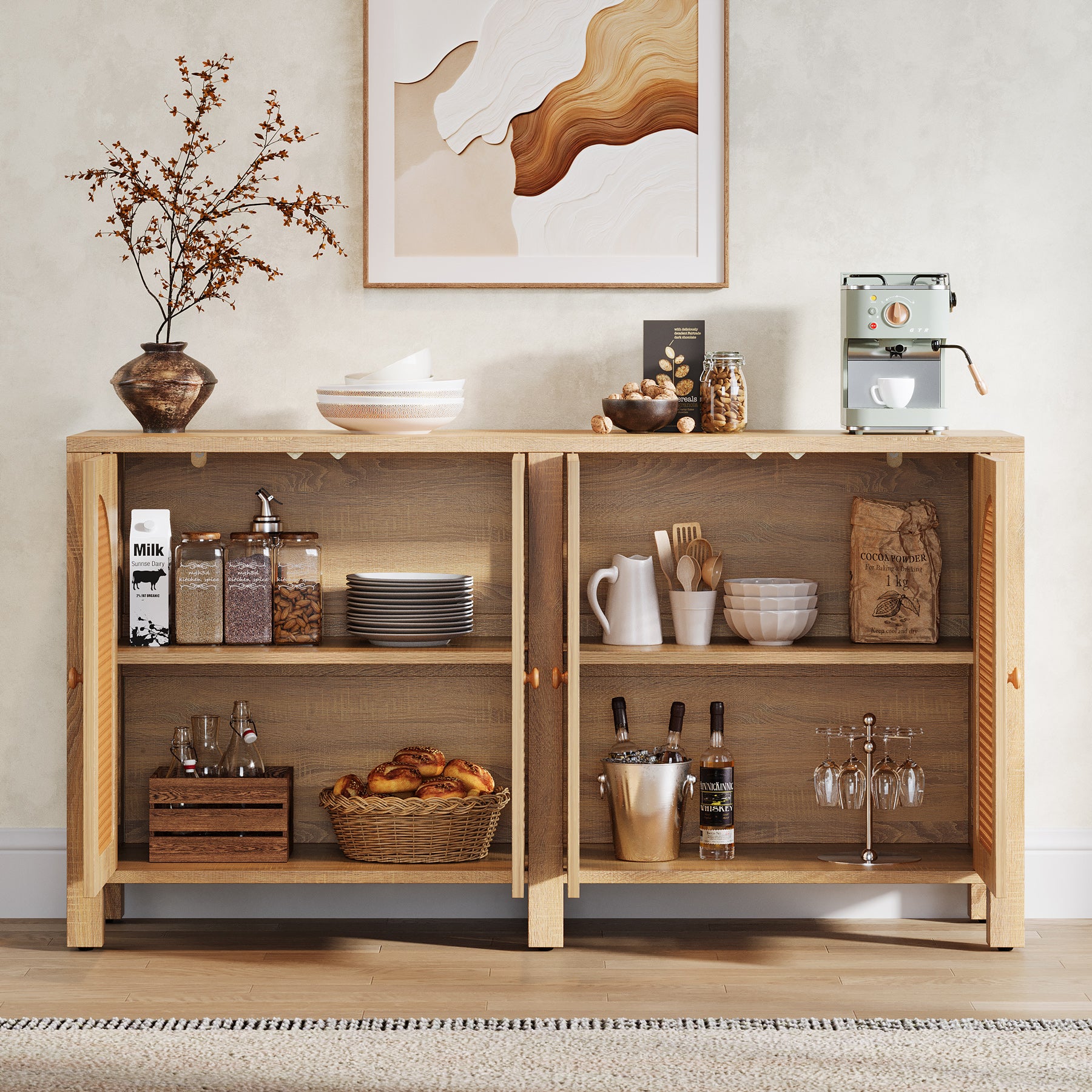 59" Sideboard Buffet, Rattan Credenza Storage Cabinet with 4 Doors