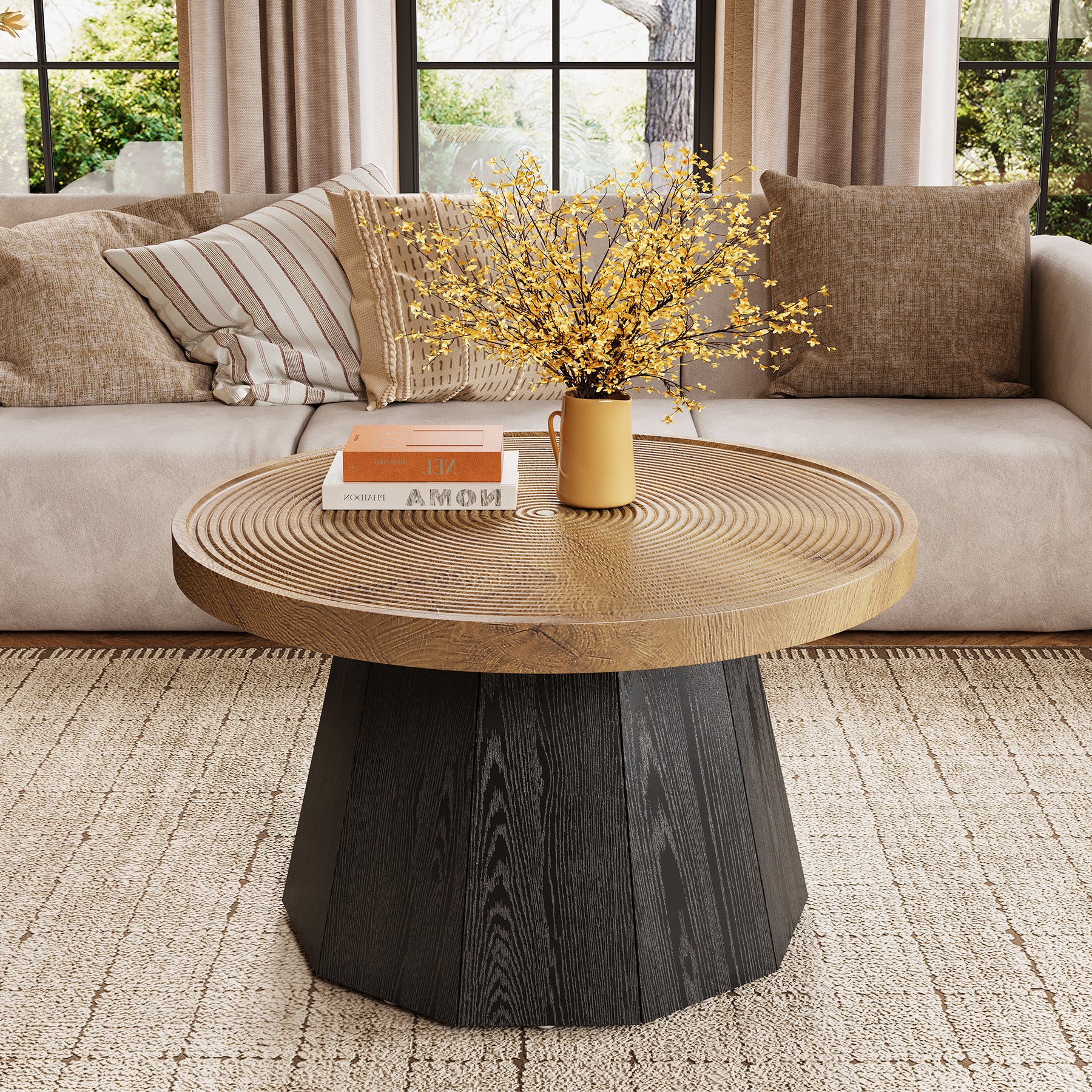 Round Coffee Table, 31.5" Center Tea Table with Growth Ring Tabletop for Living Room