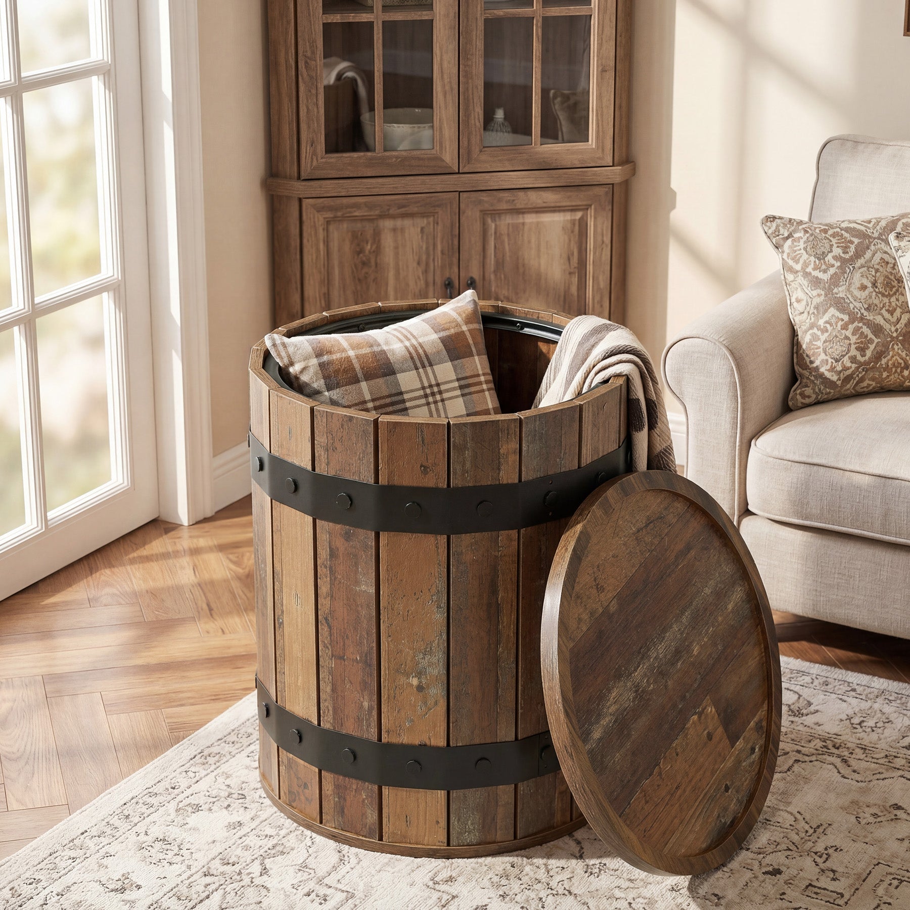 19.68" Barrel End Table with Hidden Storage, Round Side Table with Lid for Living Room