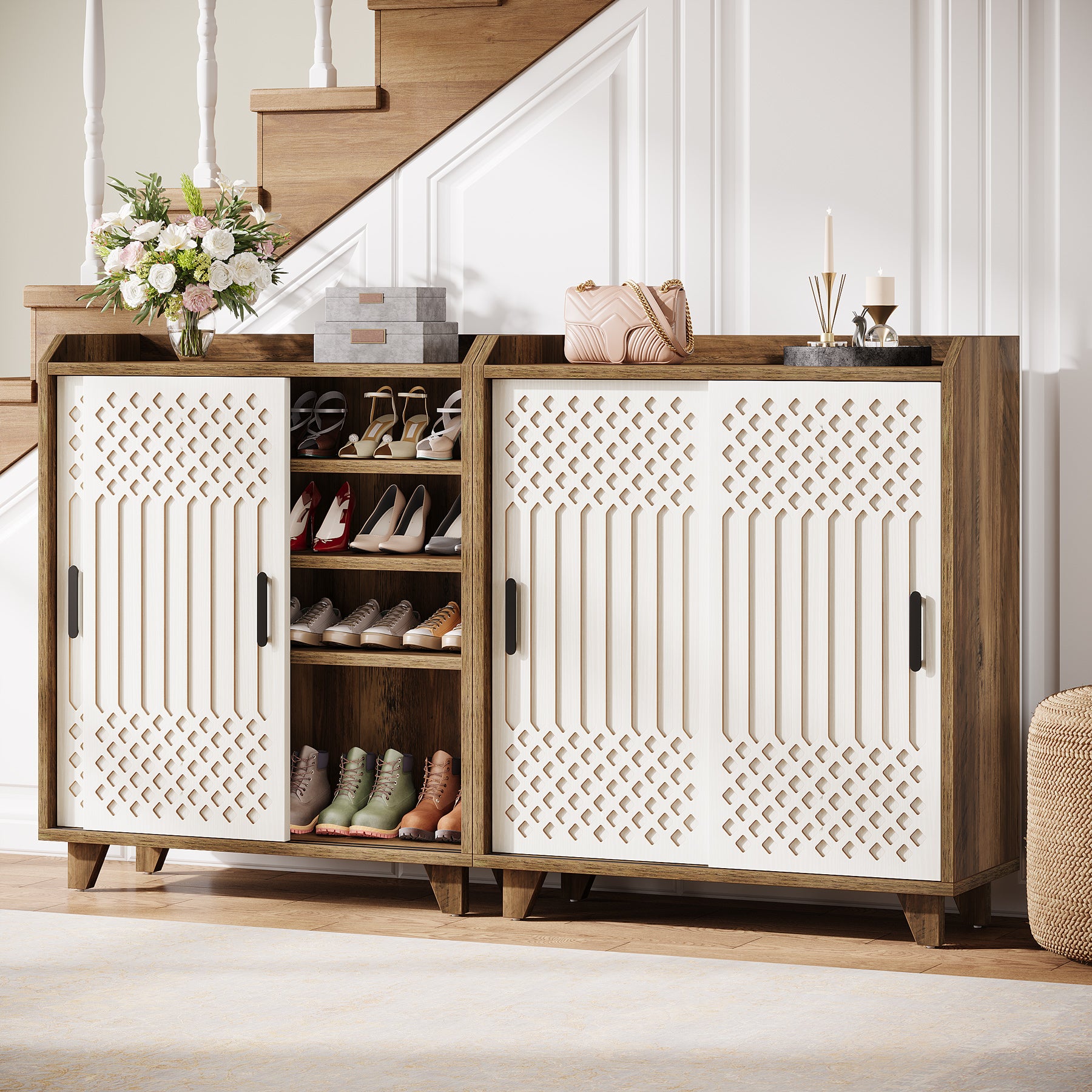 Wood Shoe Cabinet with Sliding Doors, Modern Shoe Organizer for Entryway
