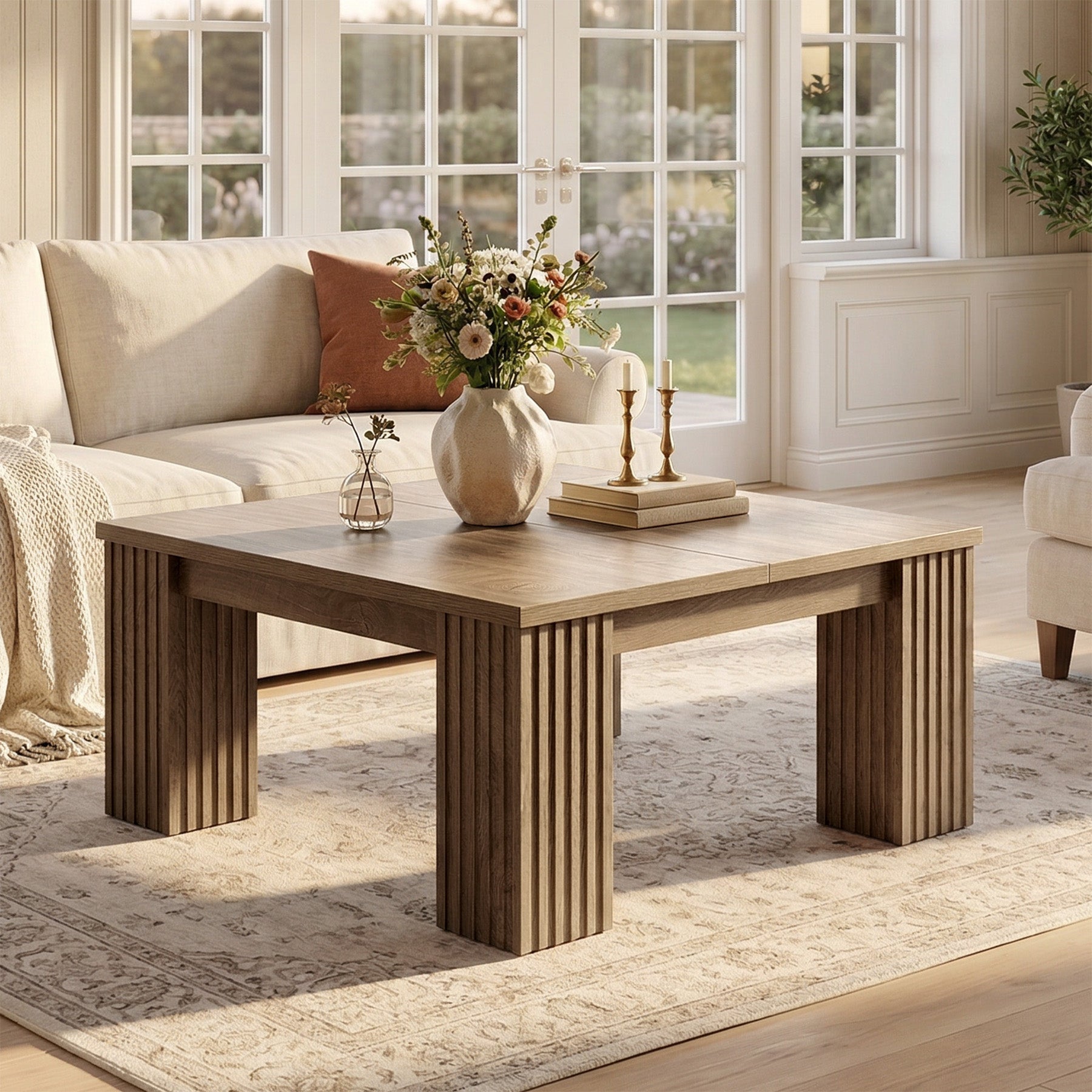 39.4" Square Coffee Table, Farmhouse Center Table with Fluted Legs for Living Room