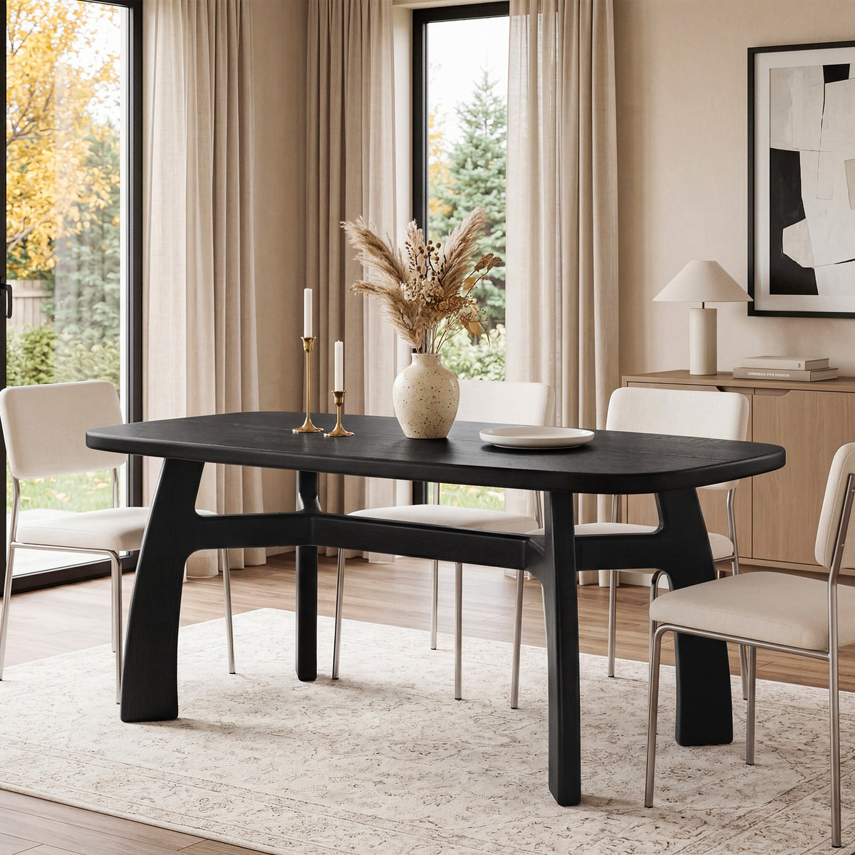 63" Dining Table for 6-8, Solid Wood Kitchen Table with H-Frame for Dining Room