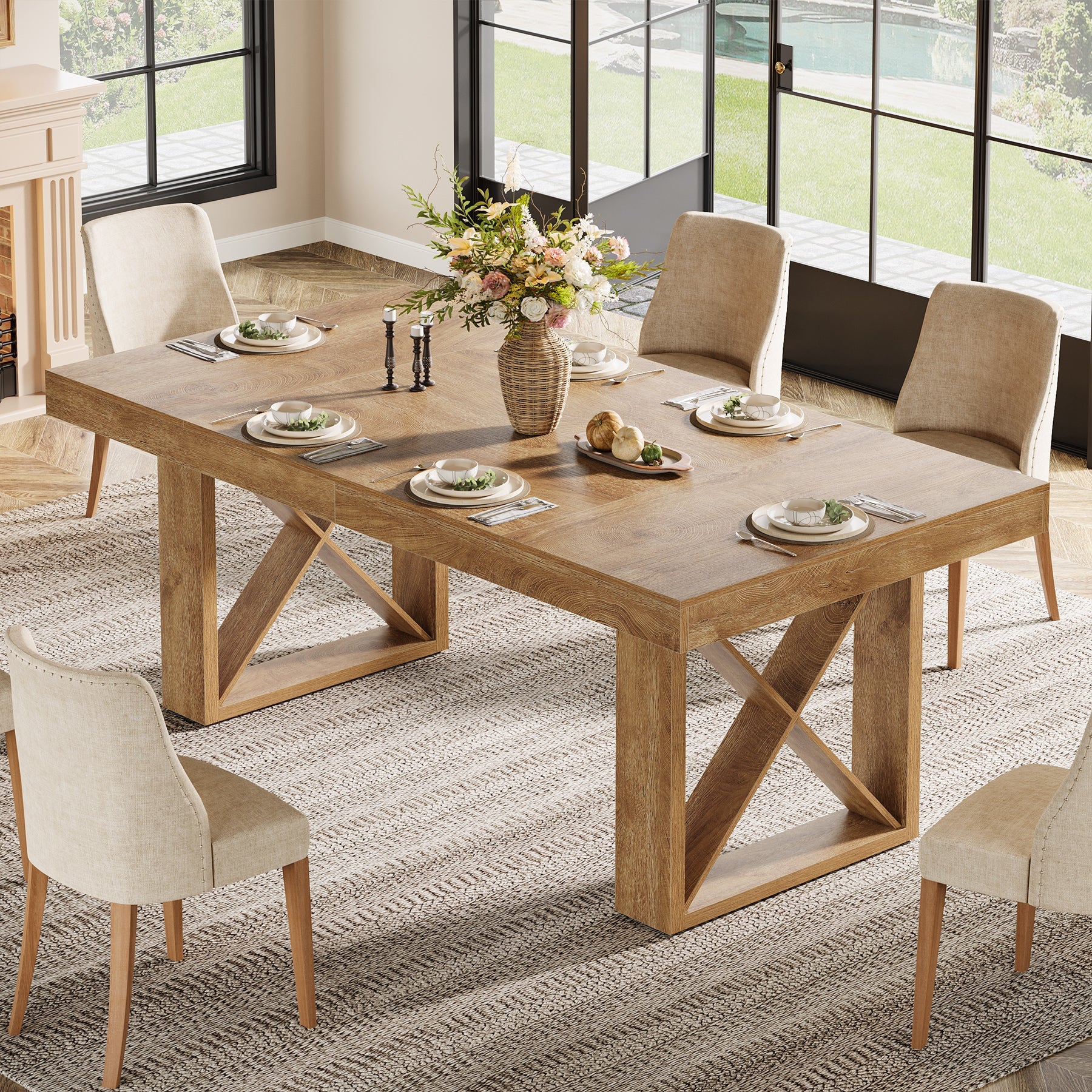 Rectangle Dining Table, 63" Farmhouse Kitchen Table for 4-6 People