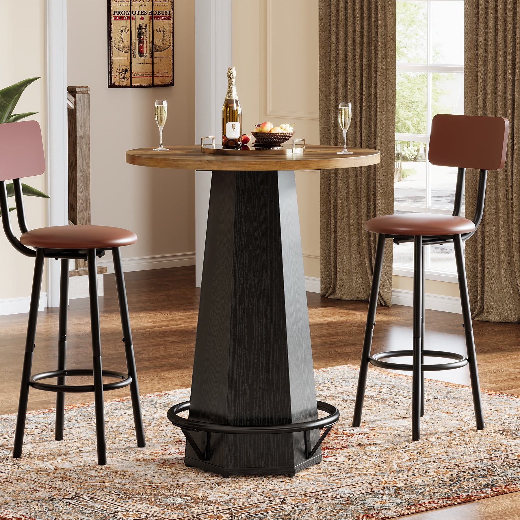 Round Bar Table for 2 People, 39.4" H Industrial Counter Height Pub Table with Metal Footrest