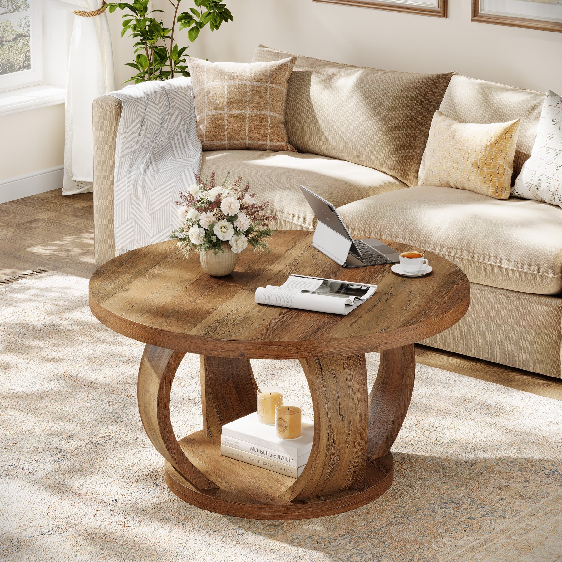 31.5" Round Coffee Table, 2-Tier Center Table with Storage for Living Room