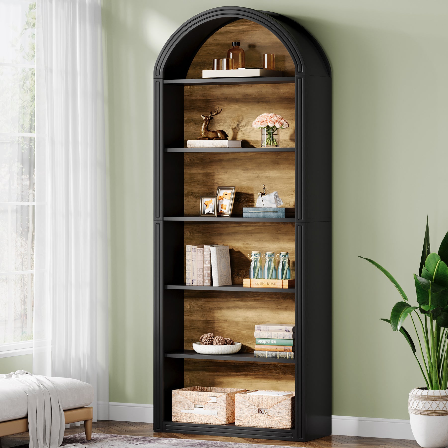 6-Tier / 8-Tier Bookshelf, Wooden Arched Bookcase Display Shelving Unit