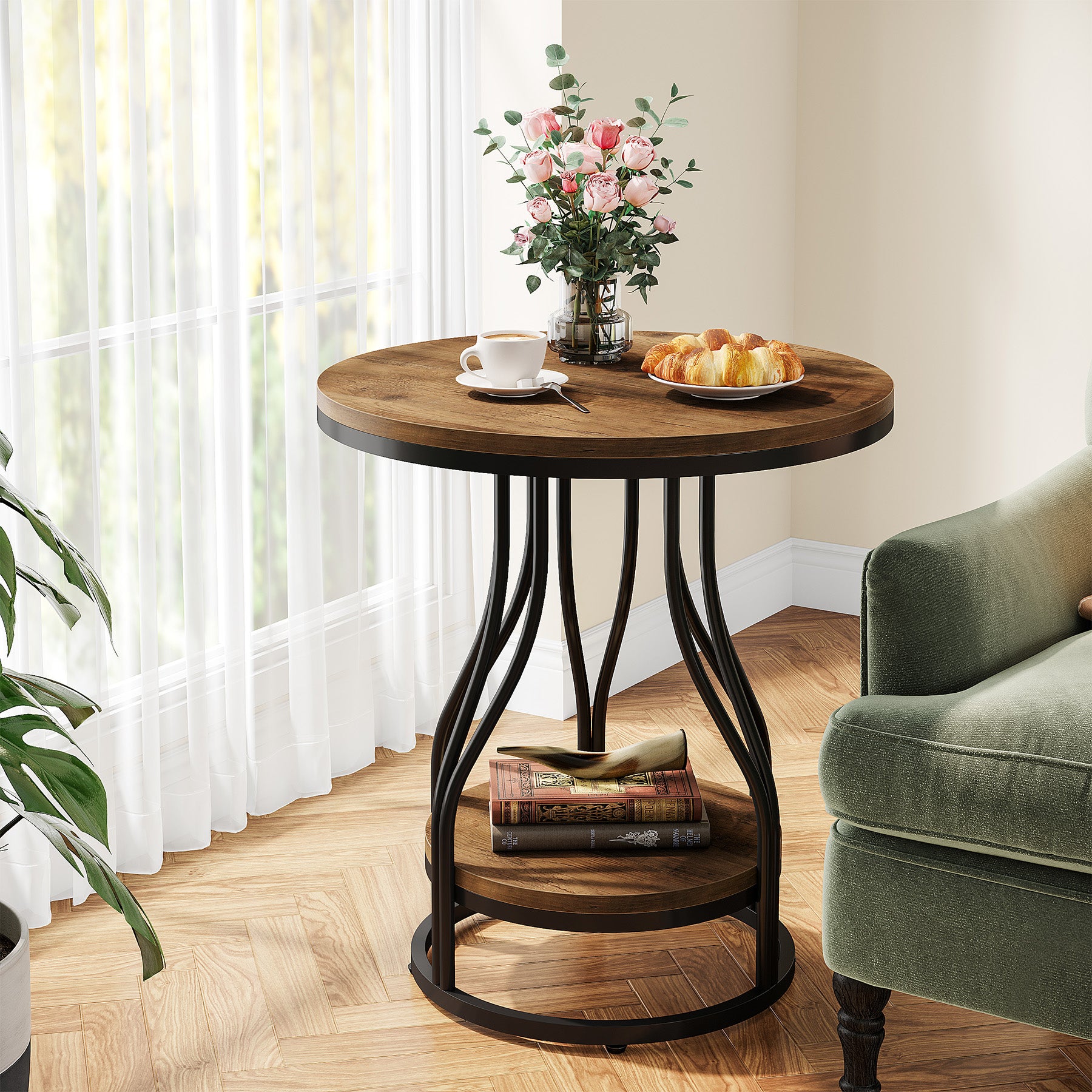 2-Tier End Table, Round Sofa Side Table with Metal Frame