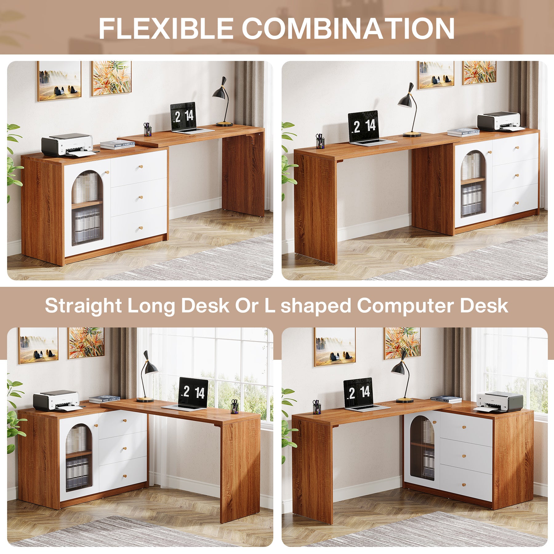 L-Shaped Computer Desk, Corner Office Desk with Reversible Storage Cabinet