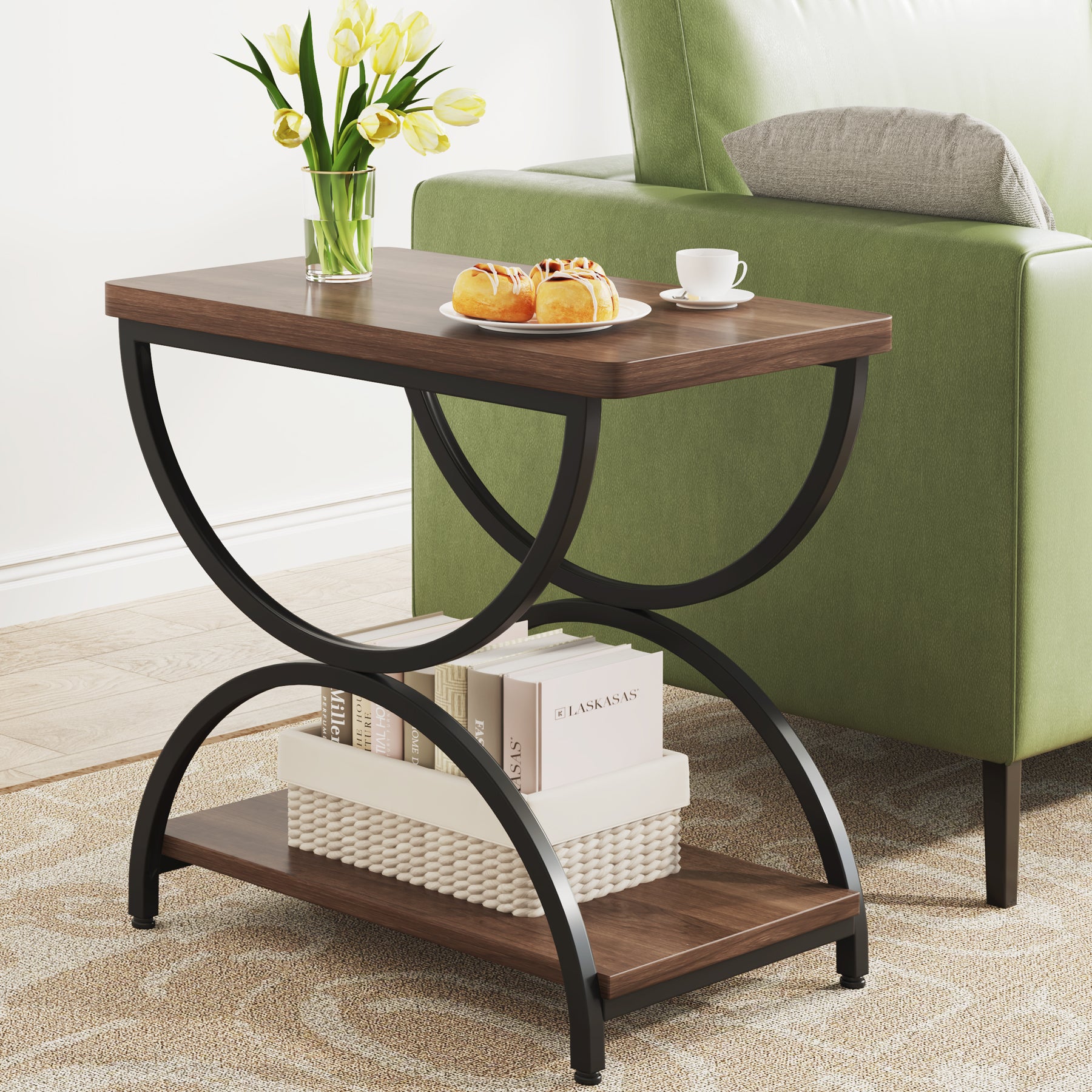 2-Tier End Table, Rectangular Side Table with Stylish Metal Frame