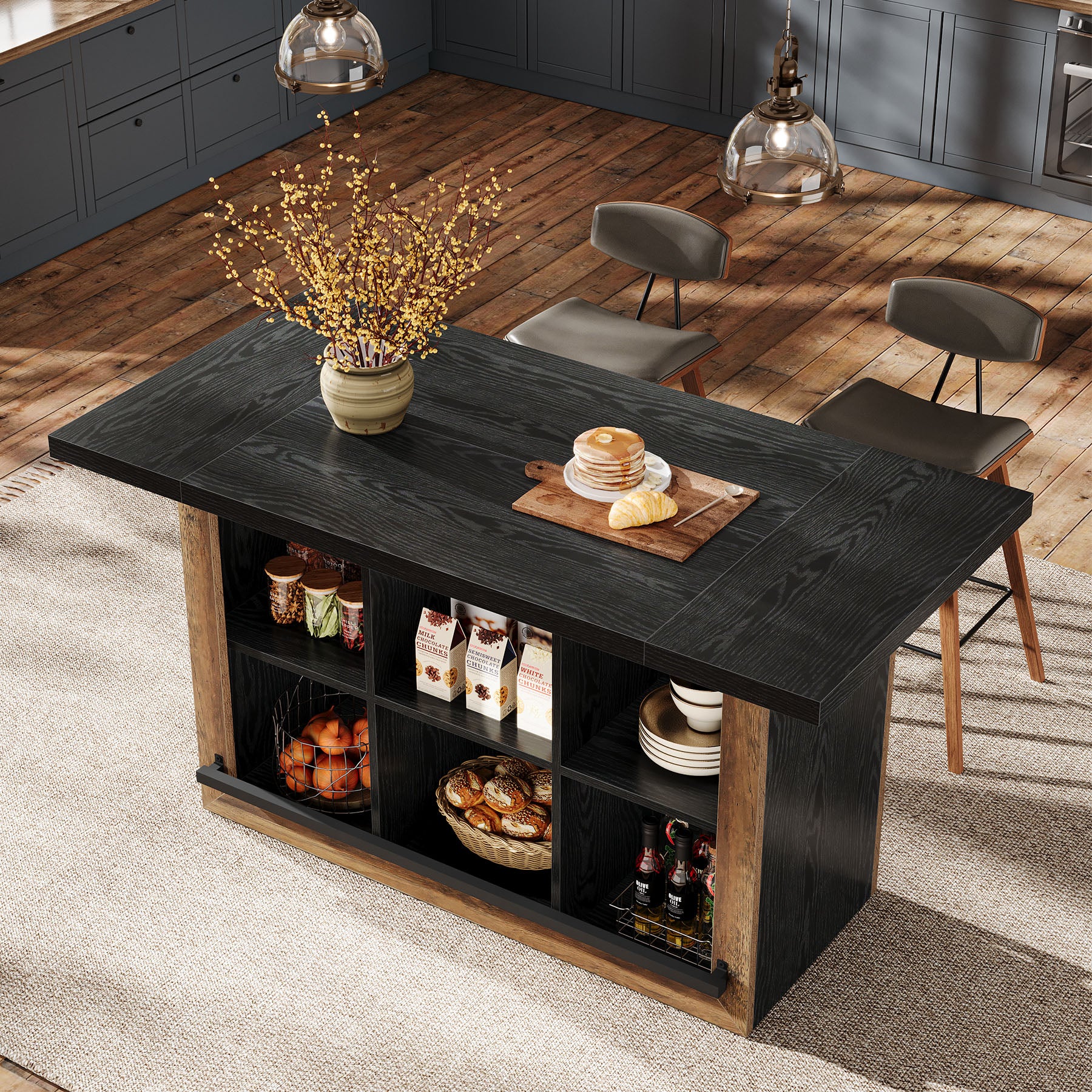 62.6" Kitchen Island, Counter Height Stationary Table with 6 Open Cubbies