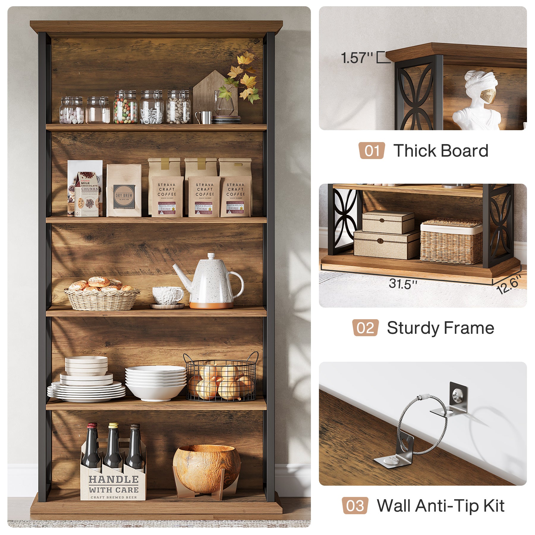 6-Tier Bookshelf, 71" Industrial Bookcase with Open Storage Shelves