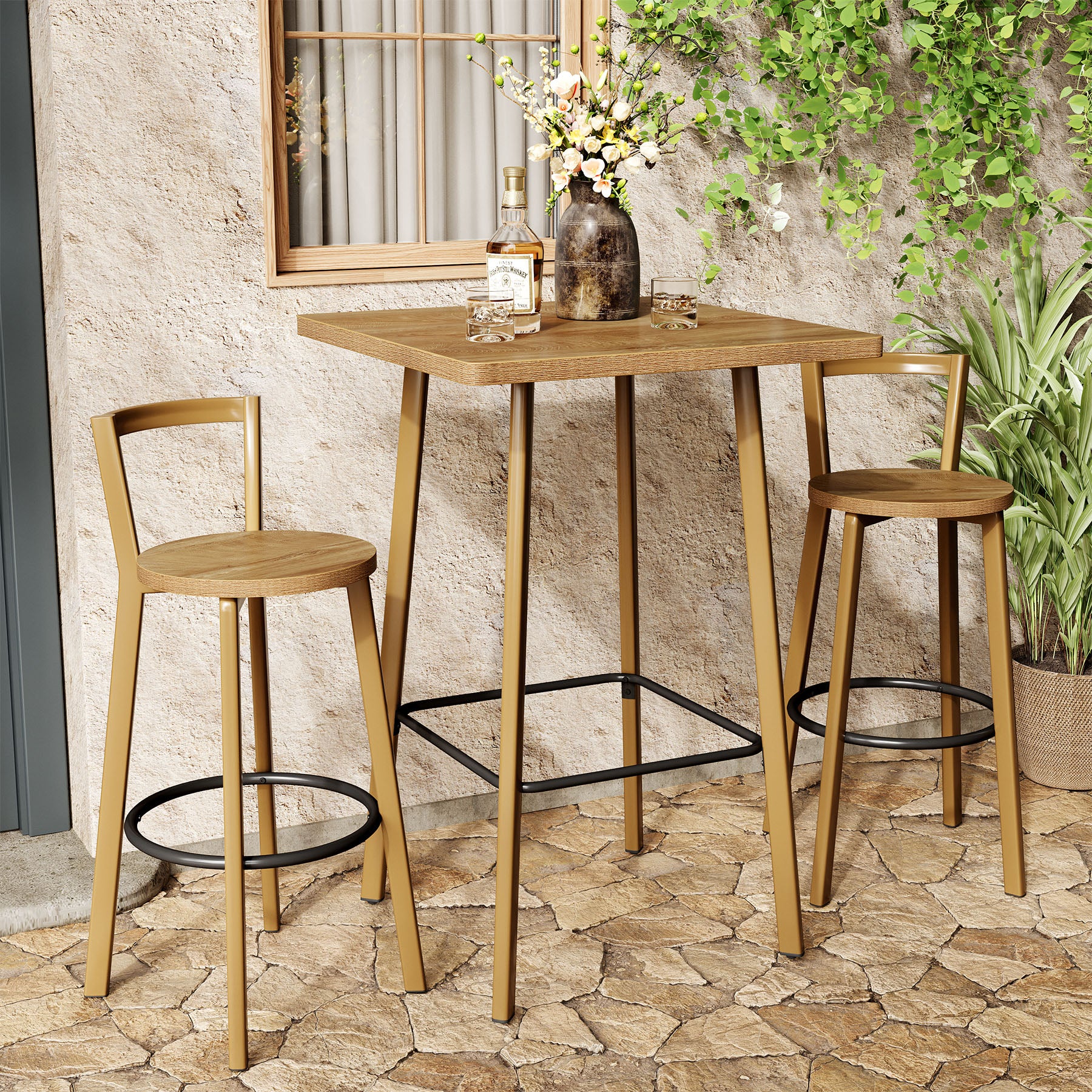 Square Bar Table and Chair Set, 39.4" H Bistro Pub Table with 2 Chairs