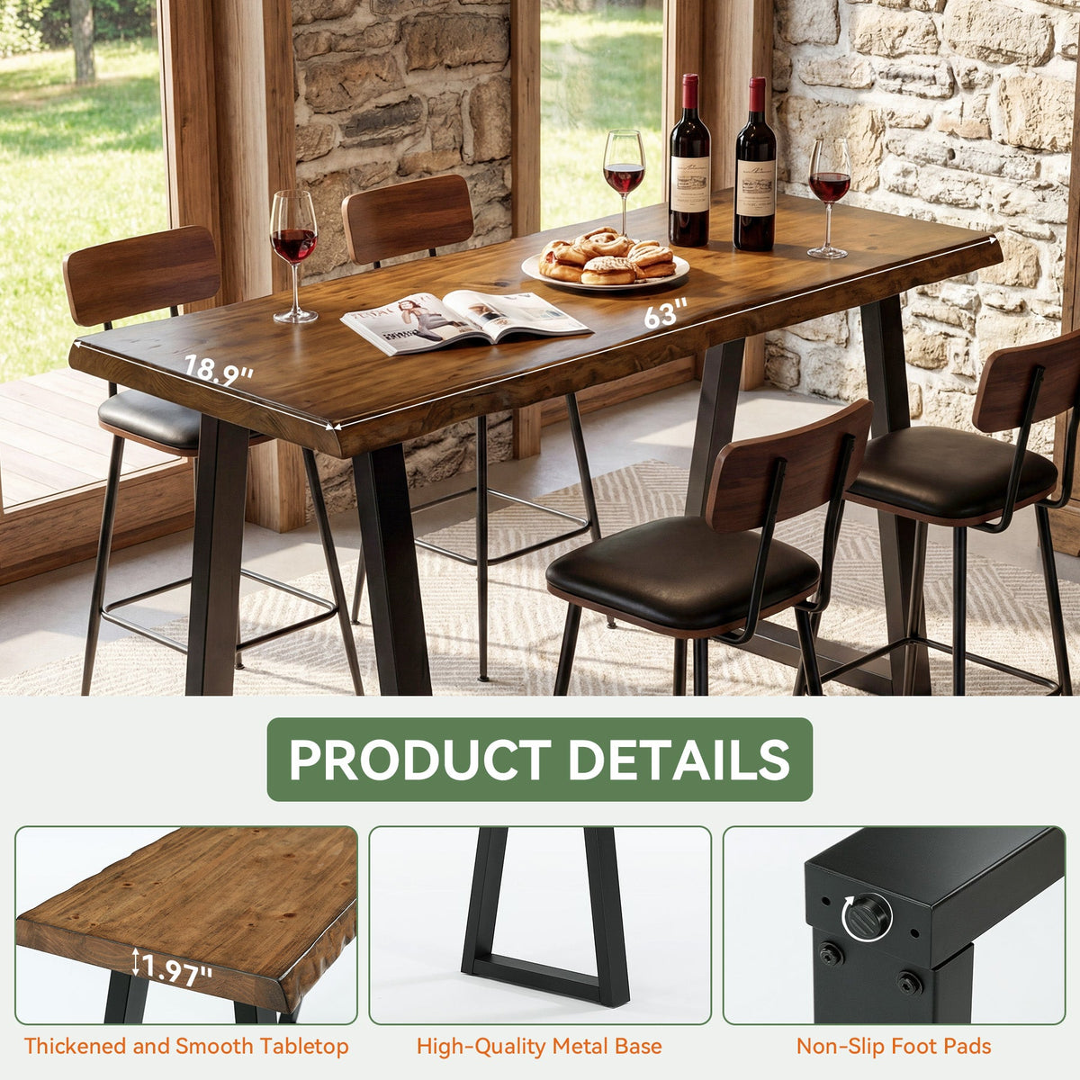 Solid Wood Bar Table, 63” Counter Height Table with Metal Legs for Kitchen