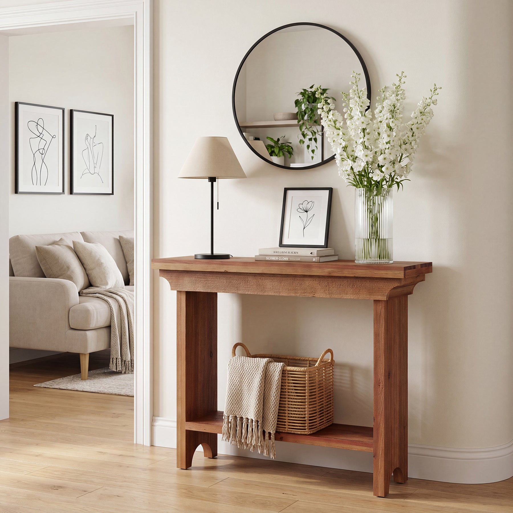 Solid Wood Console Table, 39.4" Entryway Sofa Table with Lower Shelf for Hallway
