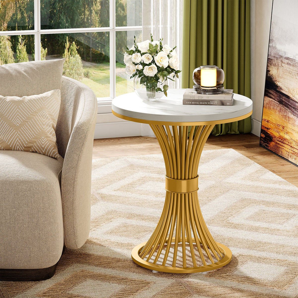 19.69" Round End Table, Faux Marble Side Table with Gold Metal Base