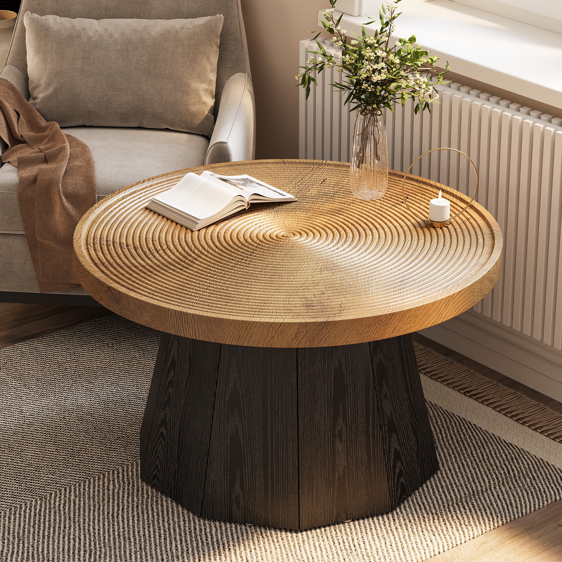 Round Coffee Table, 31.5" Center Tea Table with Growth Ring Tabletop for Living Room