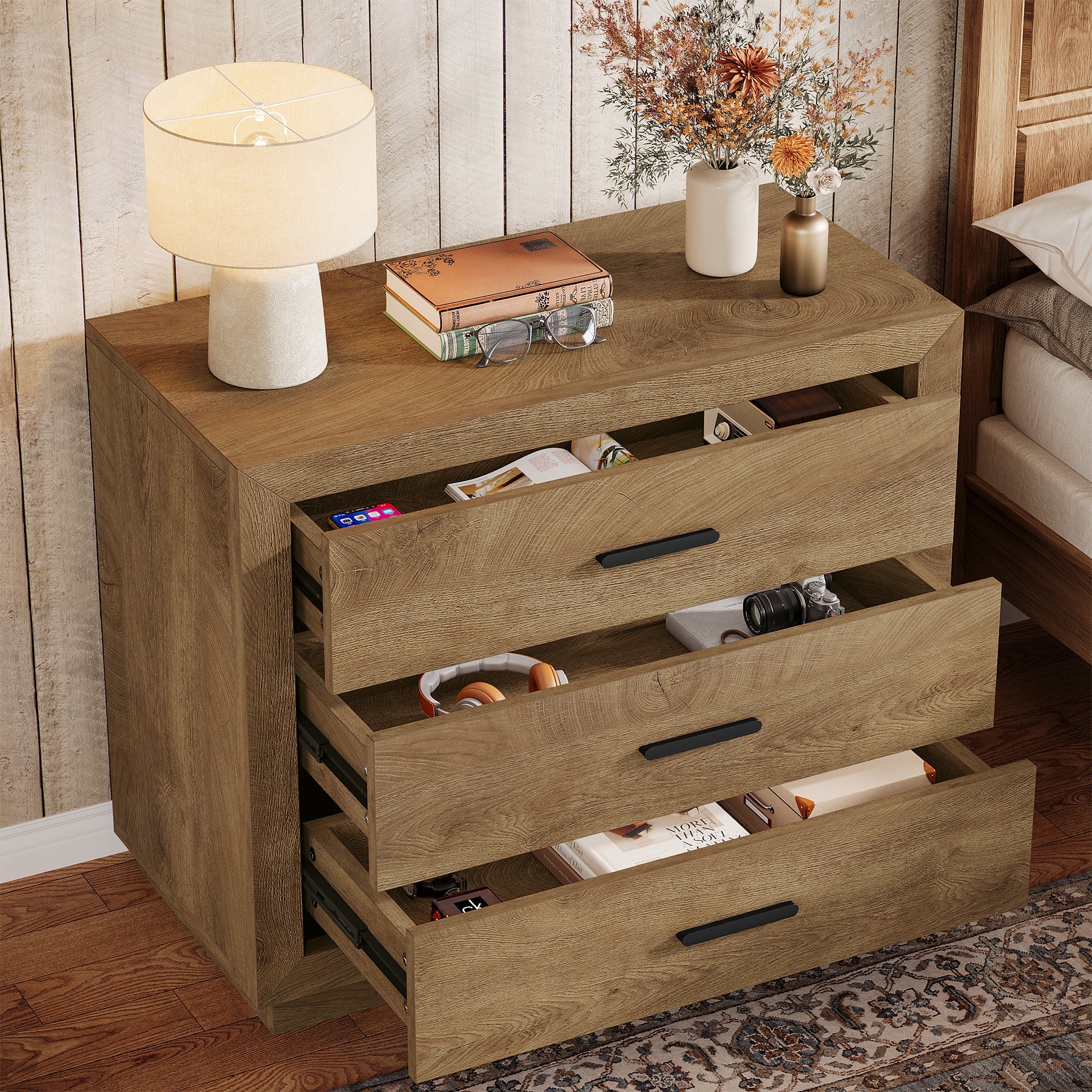 31.5" Large Nightstand, Oversized Bedside Table with 3 Drawers for Bedroom