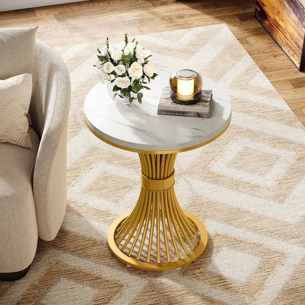 19.69" Round End Table, Faux Marble Side Table with Gold Metal Base