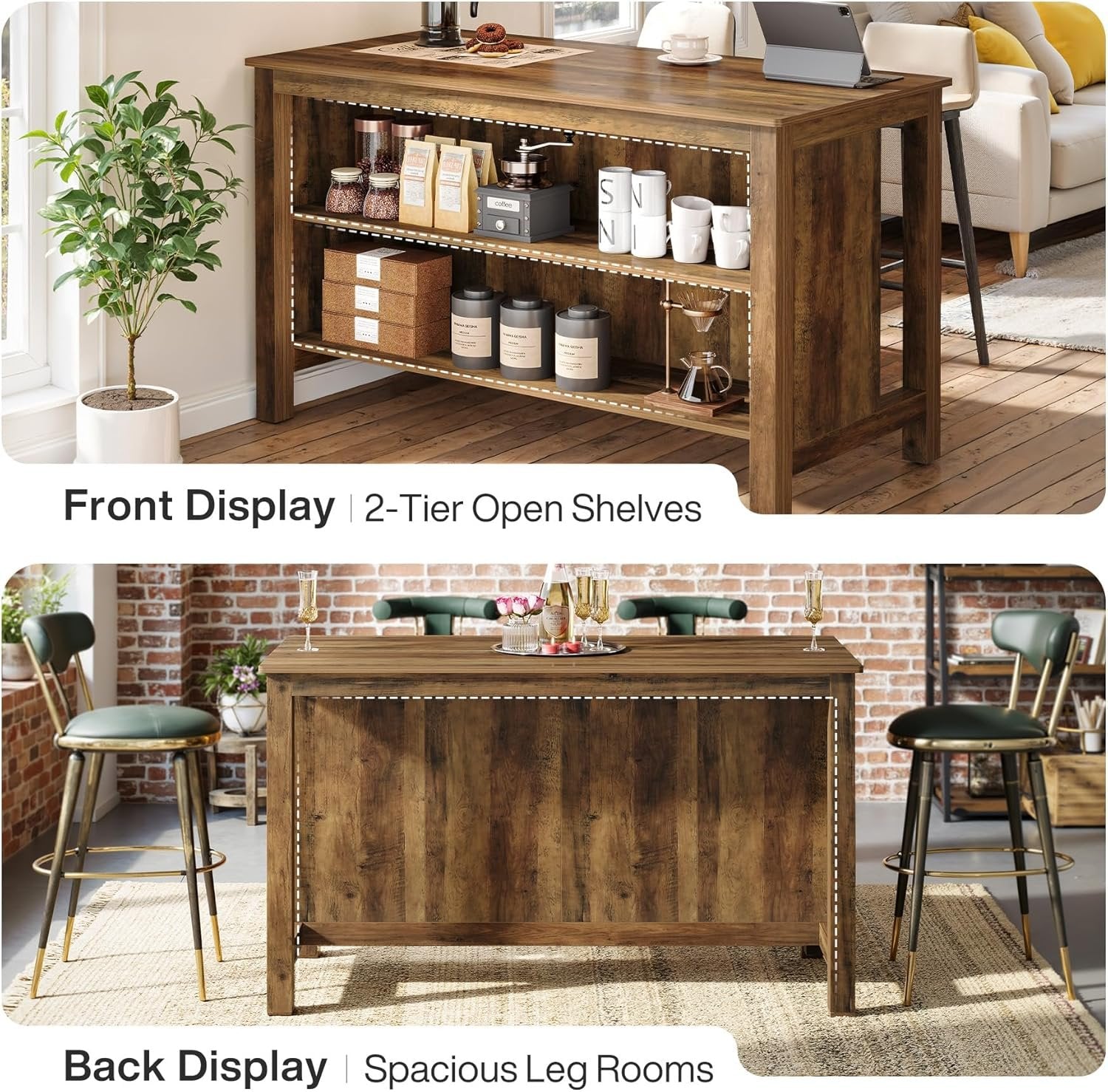 3-Tier Home Bar Table Unit, 59" Counter Height Pub Table with Storage Shelves
