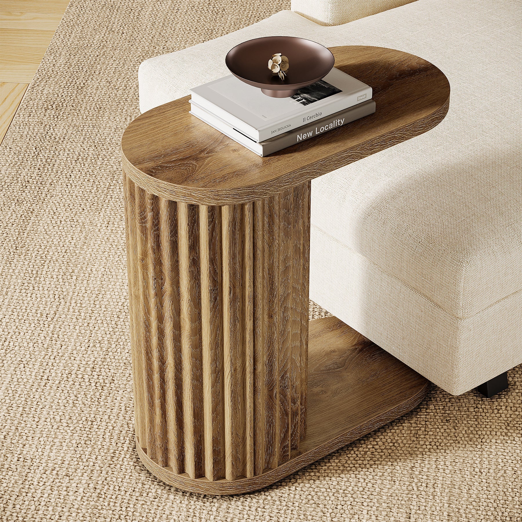 23.62" Fluted C-Shaped End Table with Oval Top, Narrow Side Table for Couch